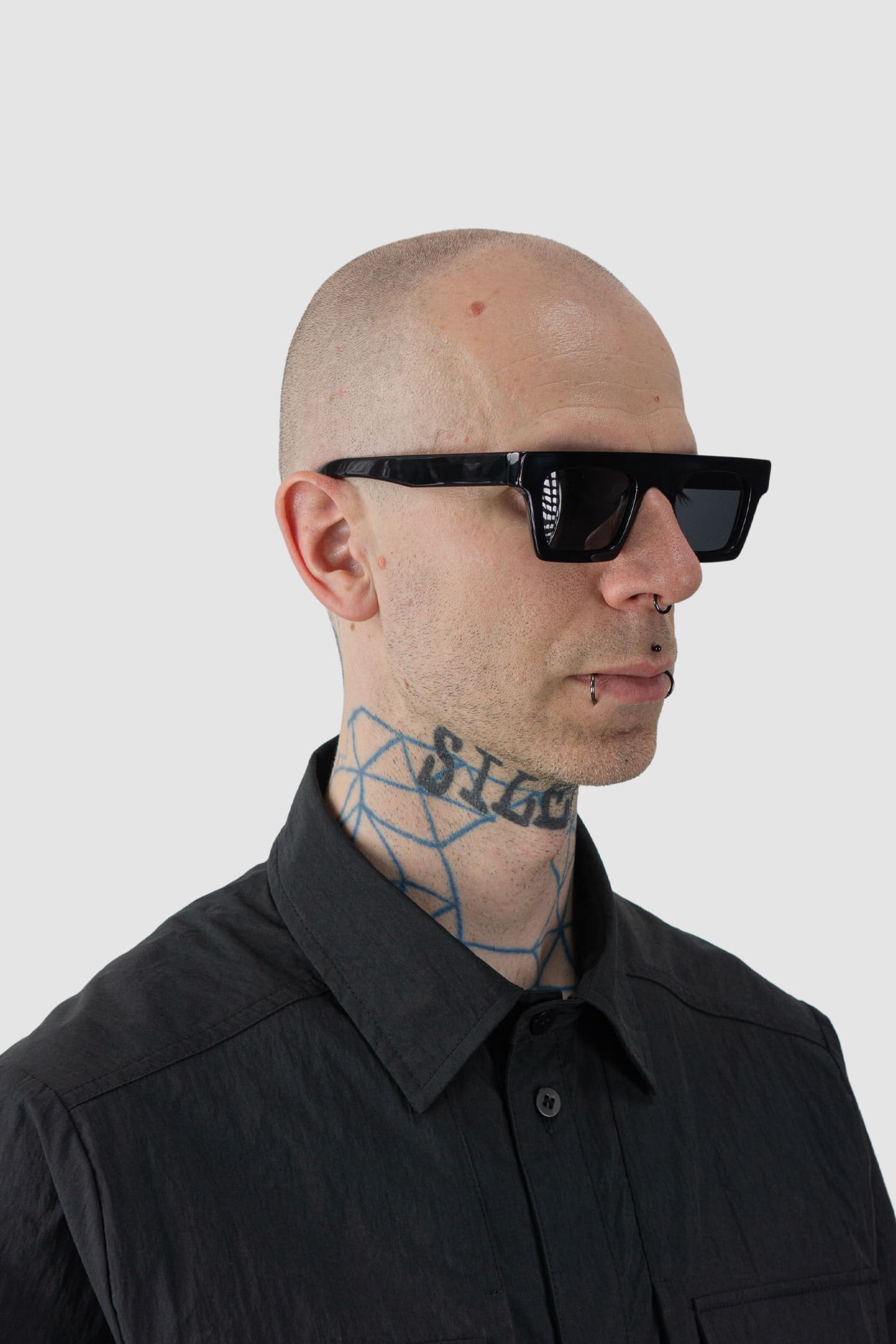 Gall Laboratories by Justin Gall - Model side view of black Acetate Straight Brim Aviator Sunglasses