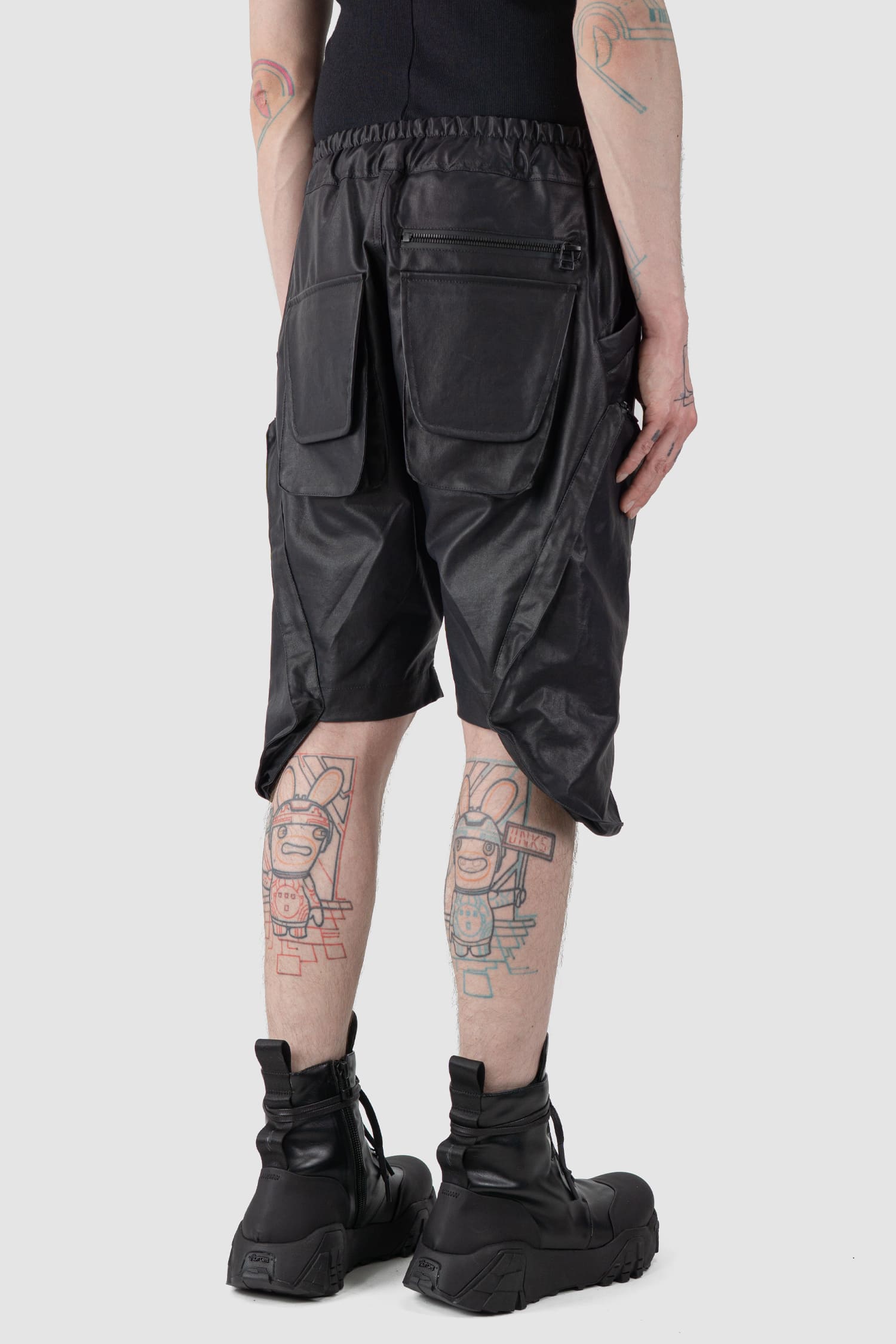 Gall Laboratories by Justin Gall - back side view of black Coated Cotton Cargo Floater Shorts