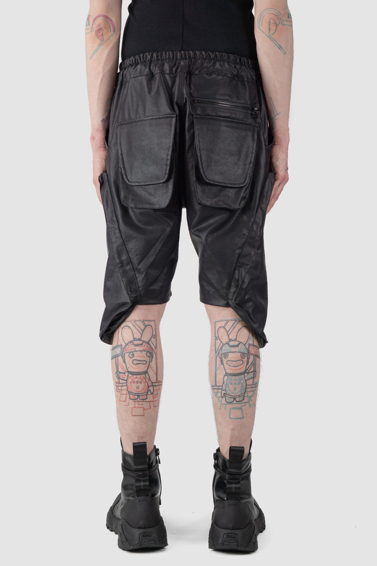 Gall Laboratories by Justin Gall - back view of black Coated Cotton Cargo Floater Shorts