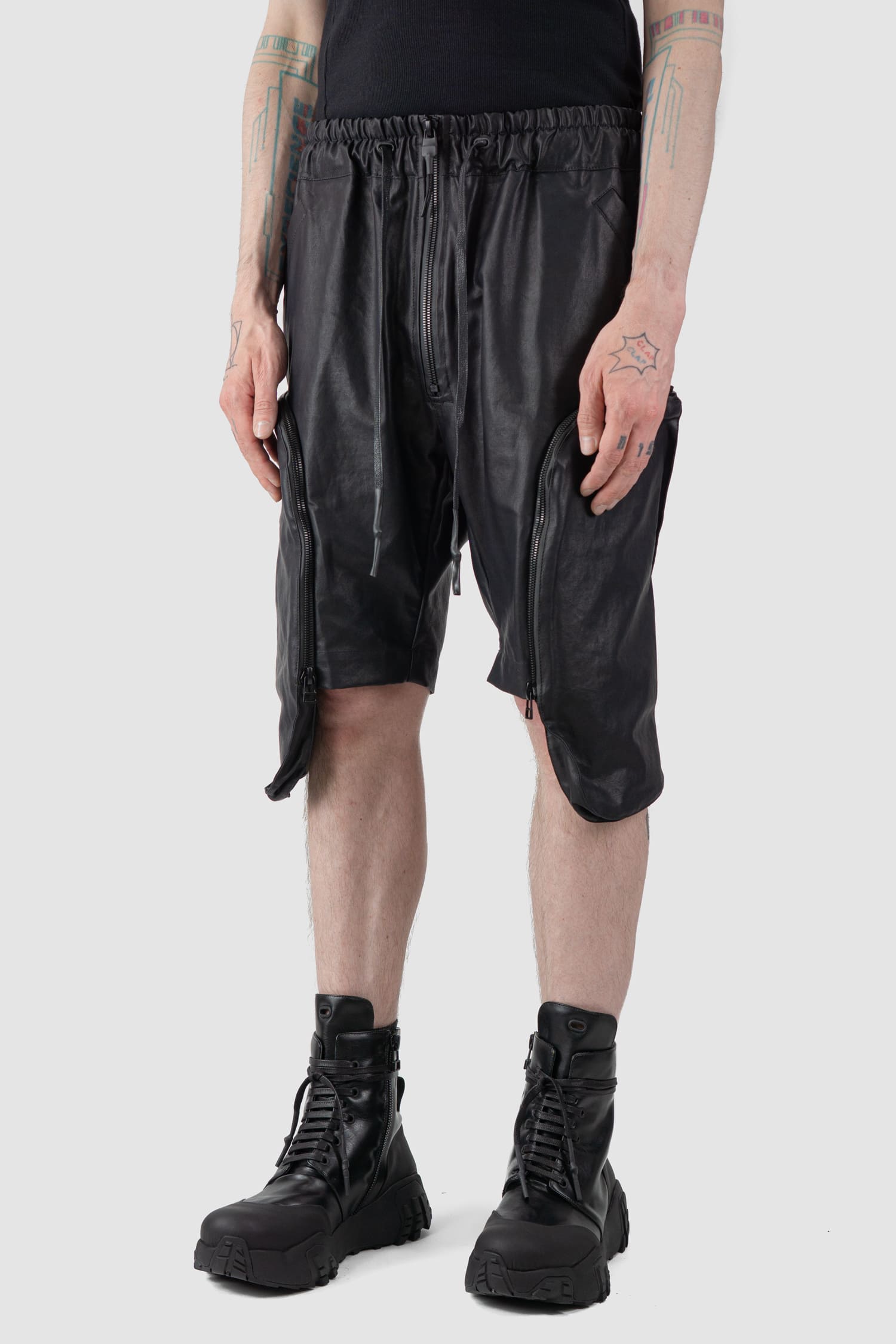Gall Laboratories by Justin Gall - front side view of black Coated Cotton Cargo Floater Shorts