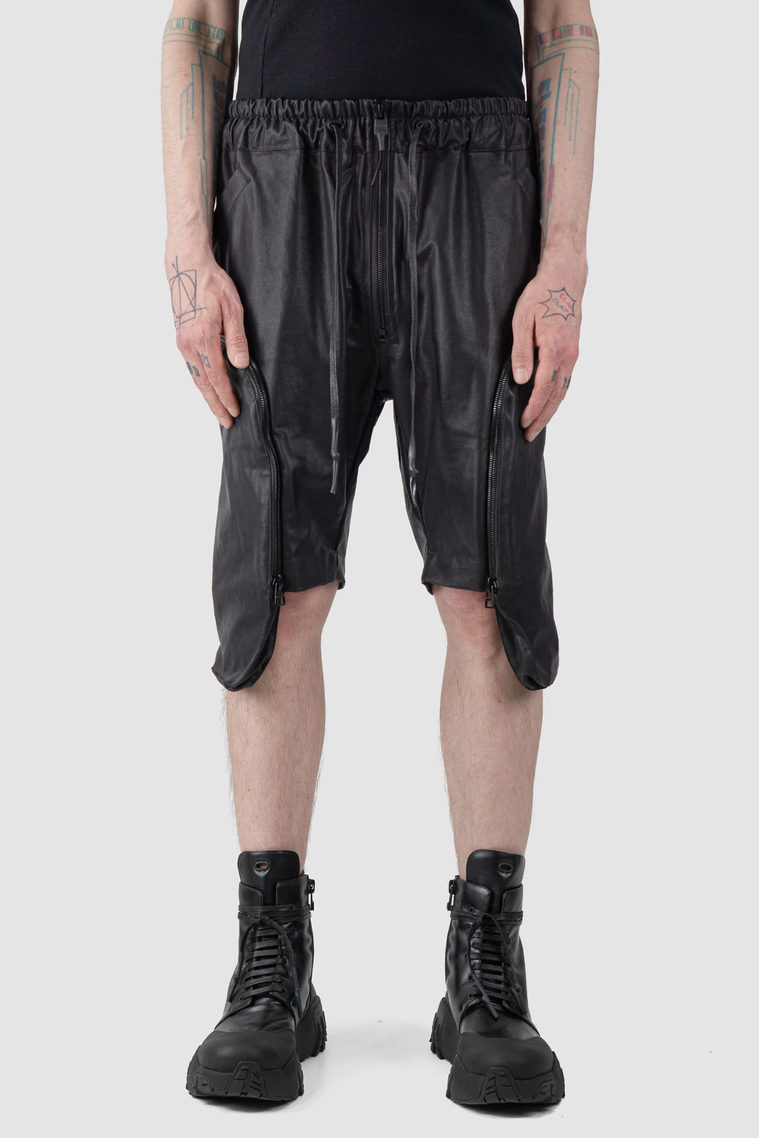 Gall Laboratories by Justin Gall - front view of black Coated Cotton Cargo Floater Shorts