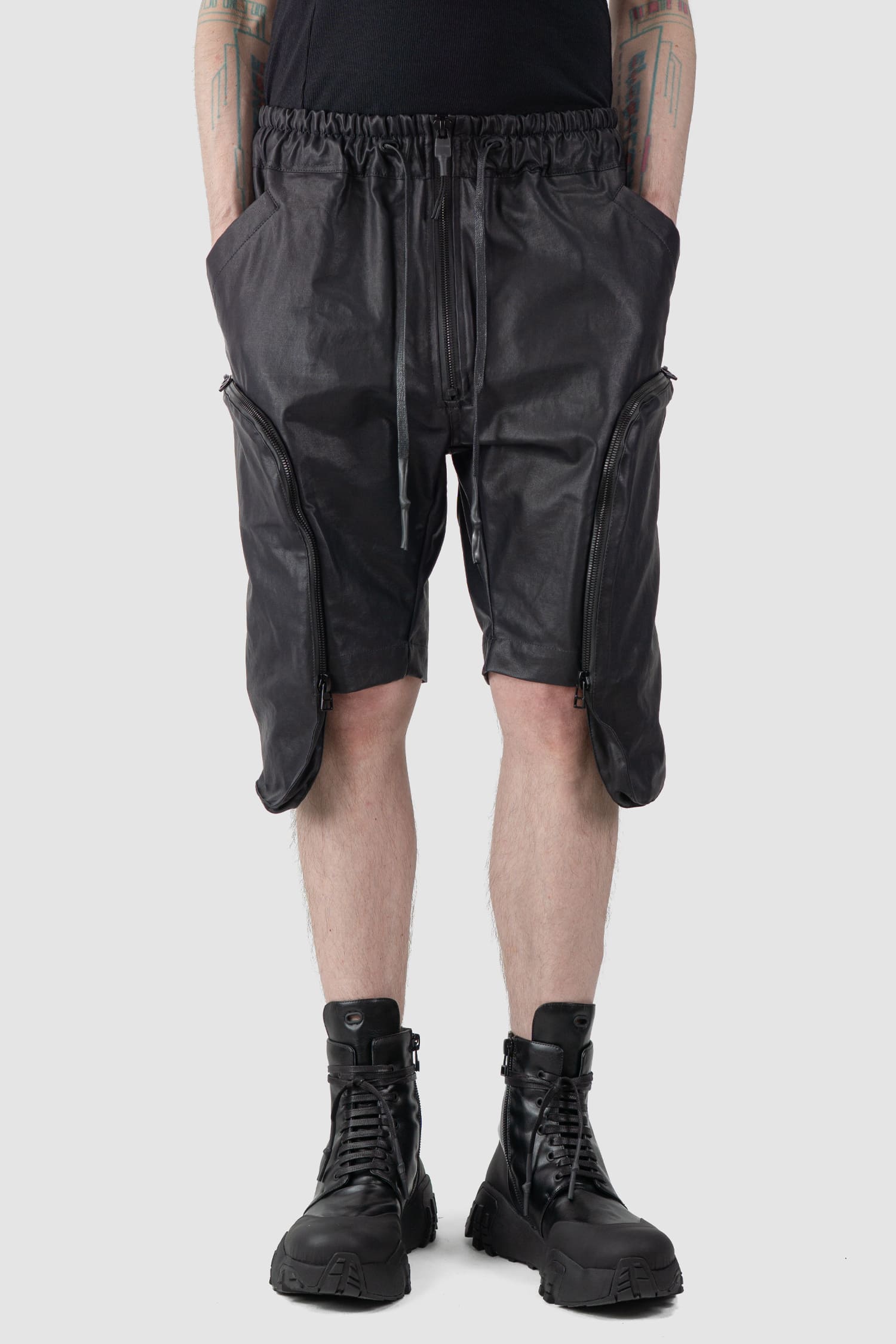 Gall Laboratories by Justin Gall - front relaxed view of black Coated Cotton Cargo Floater Shorts