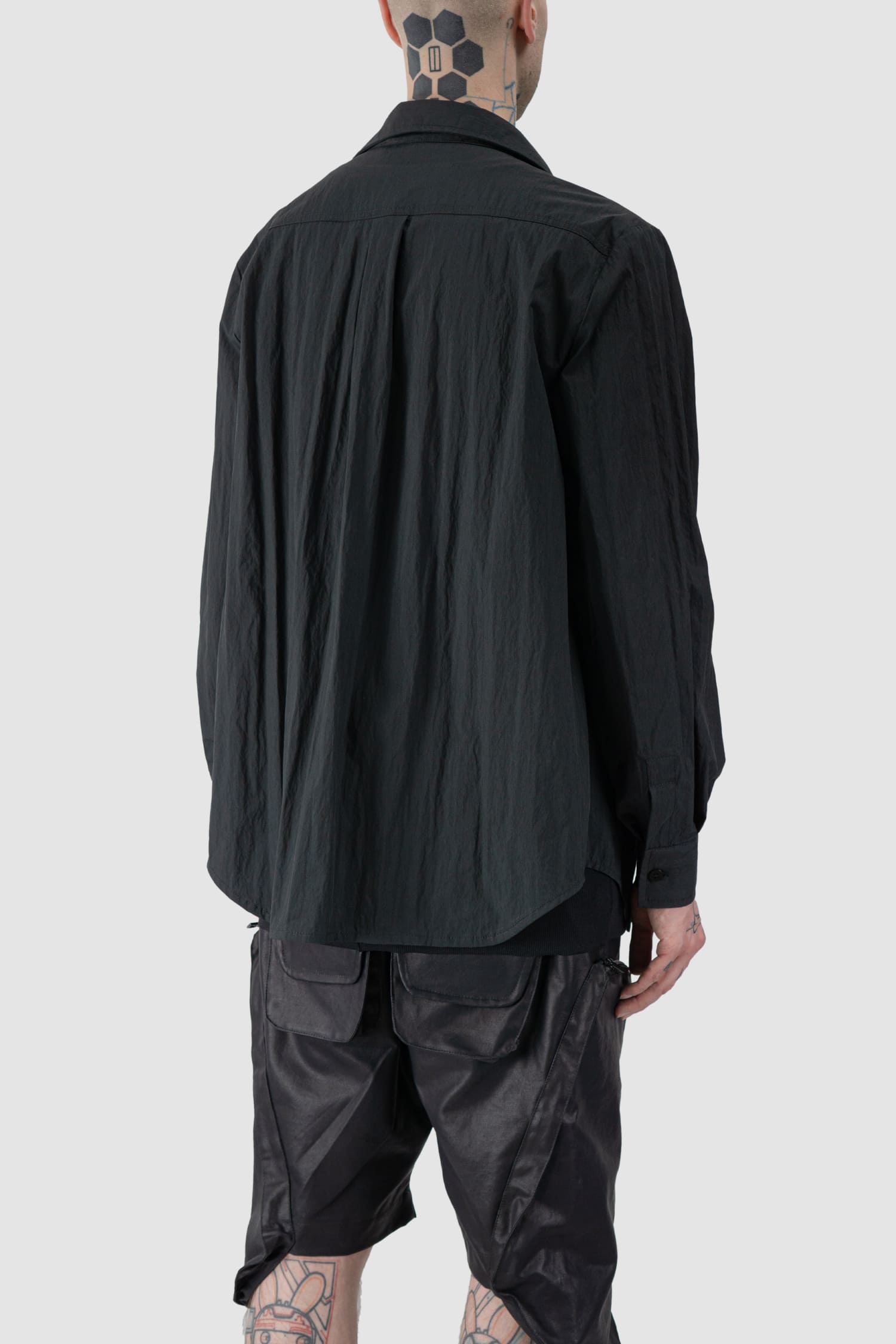 Gall Laboratories by Justin Gall - back side view of black Cracked Cotton Long Sleeve Cargo Shirt