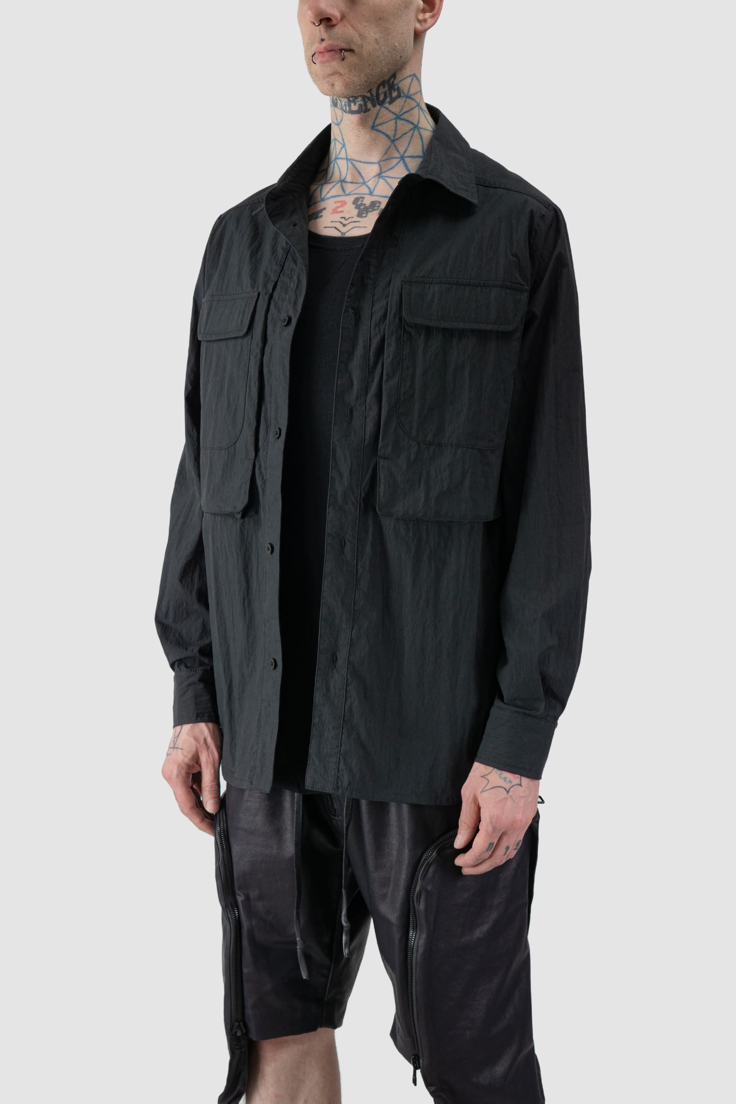 Gall Laboratories by Justin Gall - front side view of black Cracked Cotton Long Sleeve Cargo Shirt