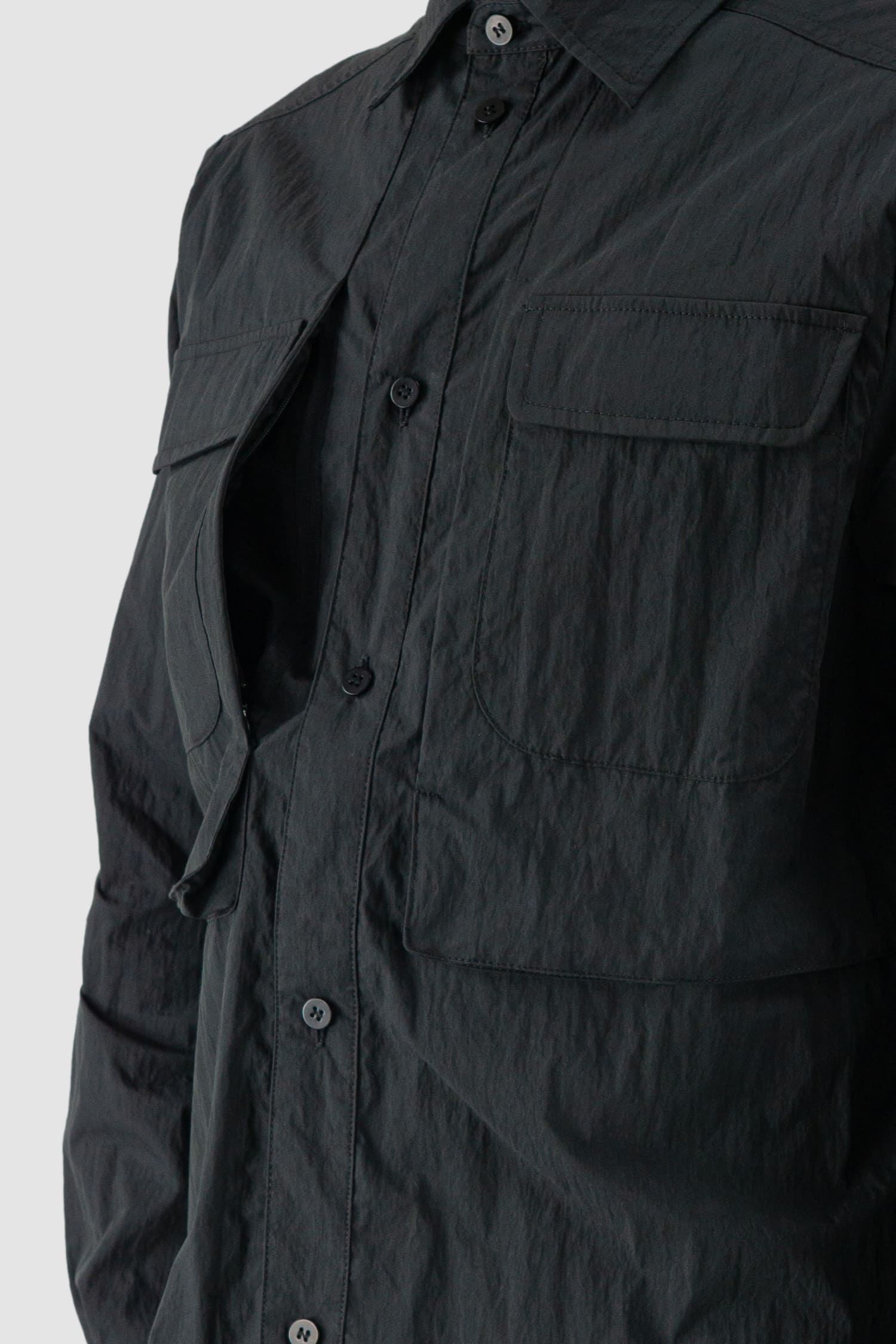 Gall Laboratories by Justin Gall - pocket detail view of black Cracked Cotton Long Sleeve Cargo Shirt