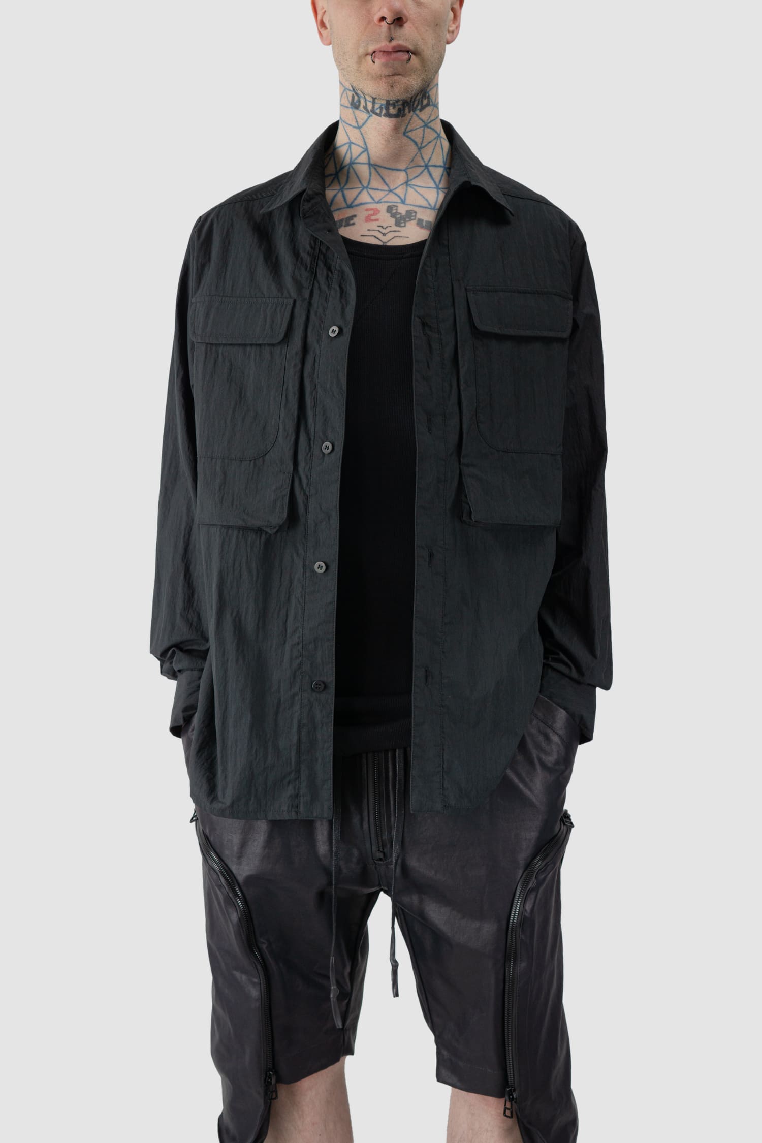Gall Laboratories by Justin Gall - front relaxed view of black Cracked Cotton Long Sleeve Cargo Shirt
