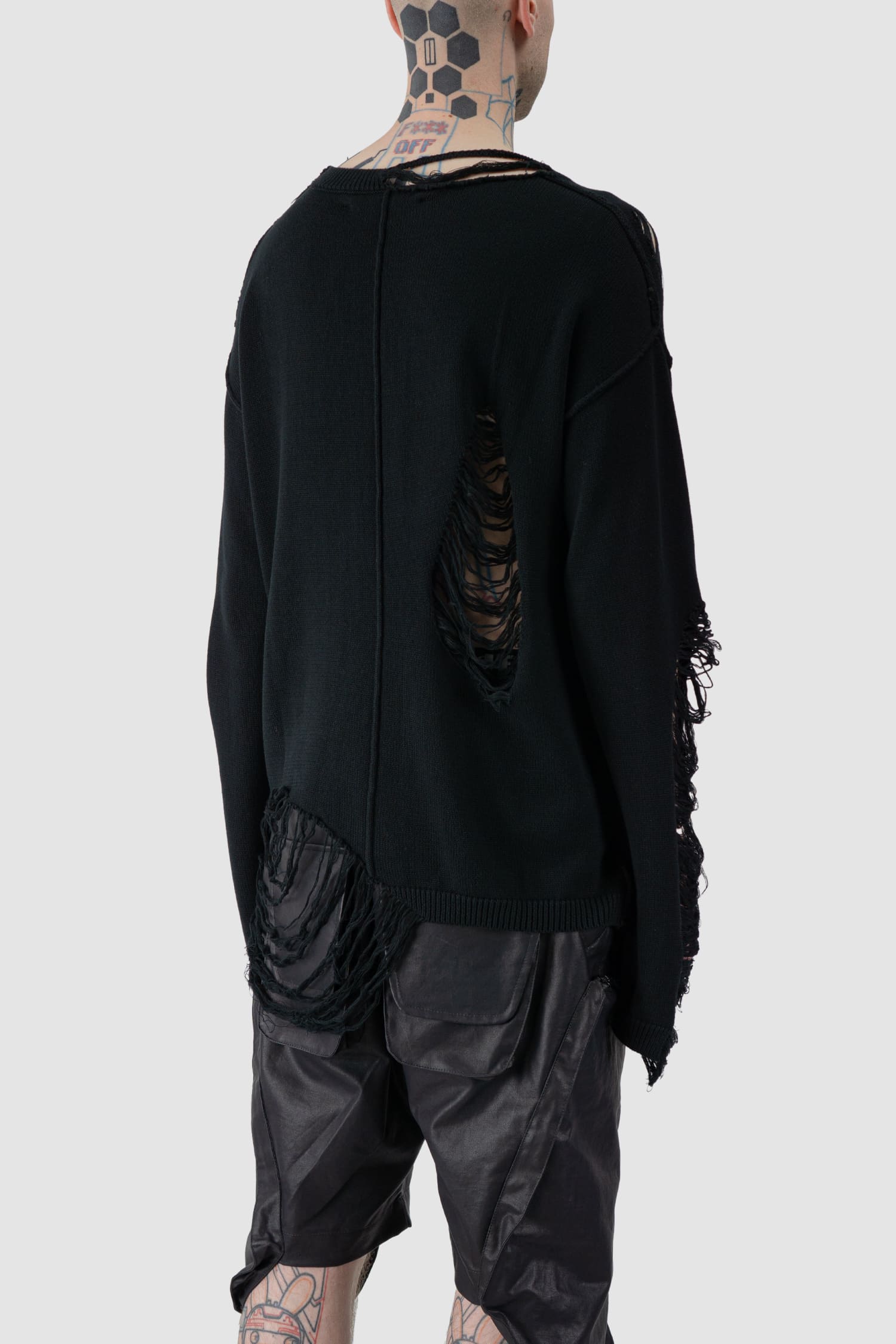 Gall Laboratories by Justin Gall - back side view of black Destroyed Knit Oversized Crewneck Sweater