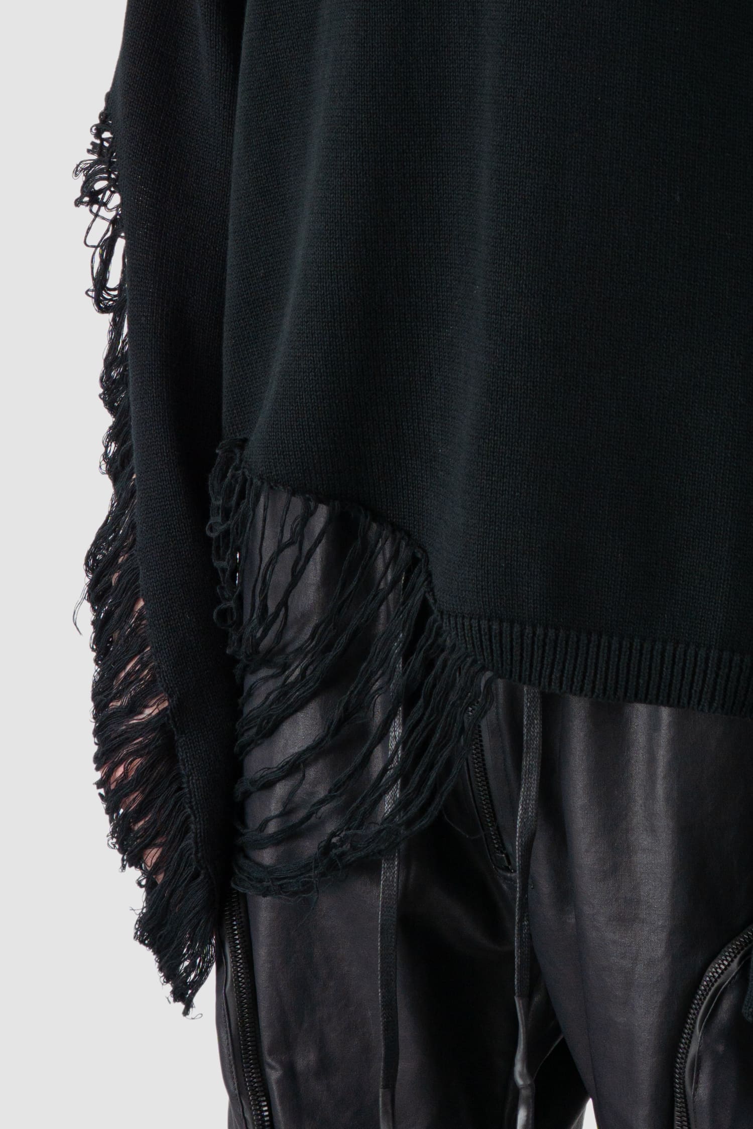 Gall Laboratories by Justin Gall - front detail view of black Destroyed Knit Oversized Crewneck Sweater