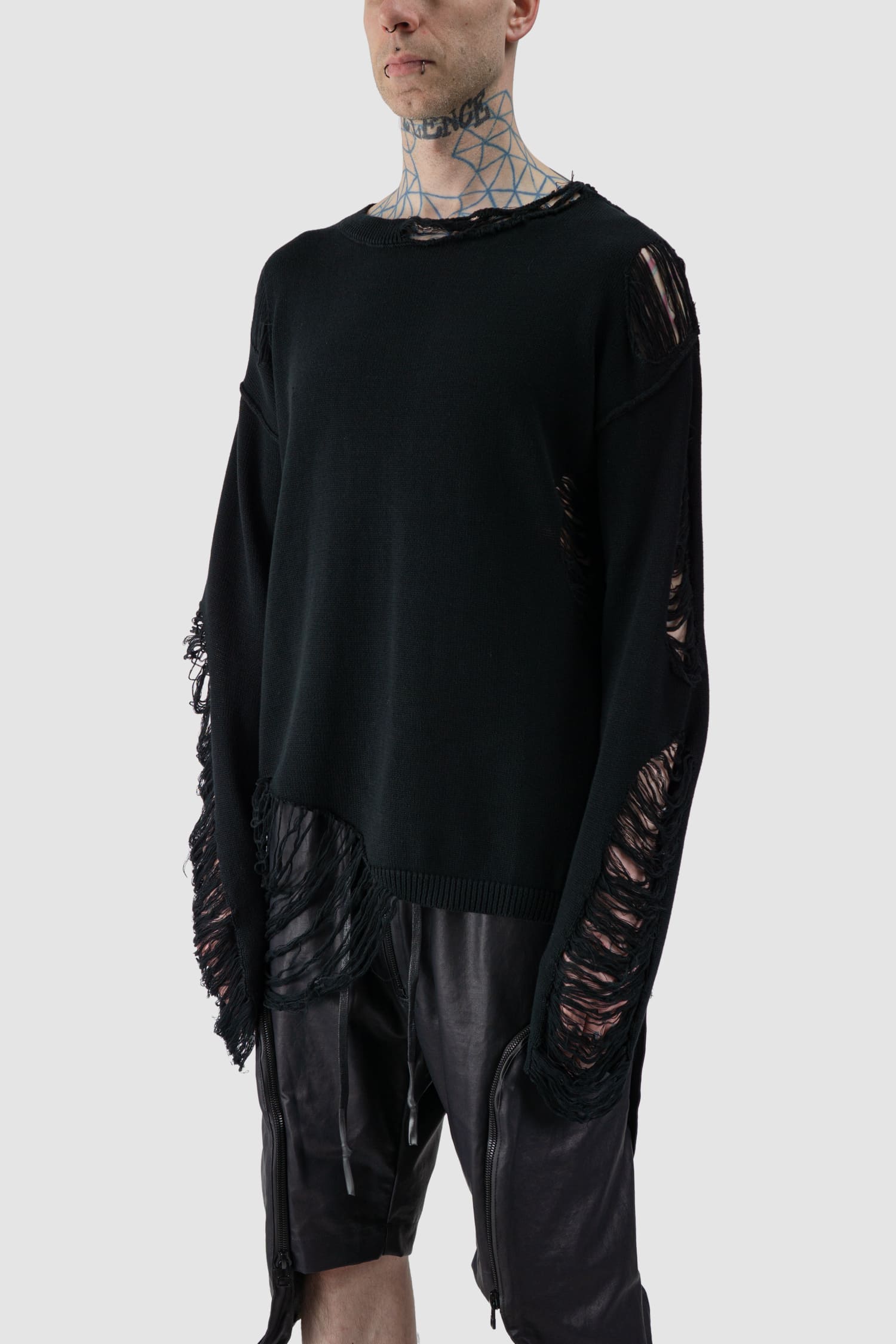 Gall Laboratories by Justin Gall - front side view of black Destroyed Knit Oversized Crewneck Sweater