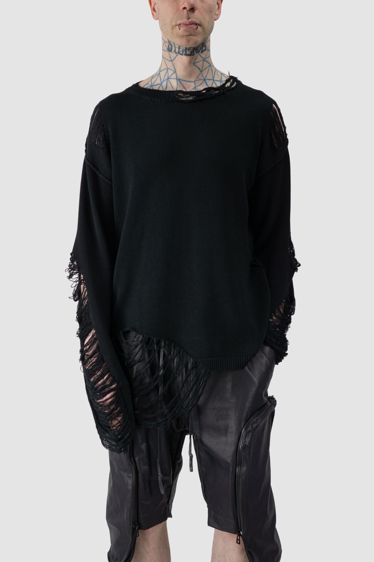 Gall Laboratories by Justin Gall - front relaxed view of black Destroyed Knit Oversized Crewneck Sweater