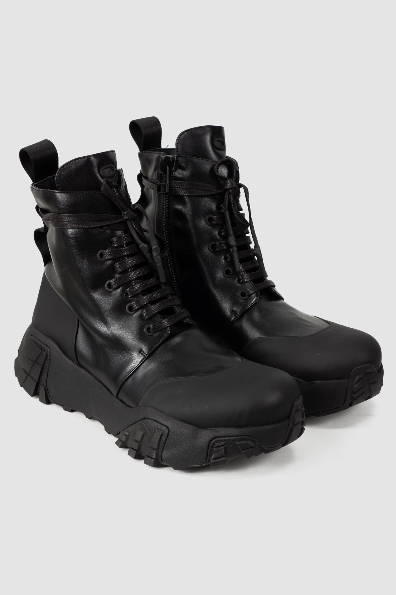 Gall Laboratories by Justin Gall - front pair left view of black Mongrel Geo-Zip Vegan Ankle Boots