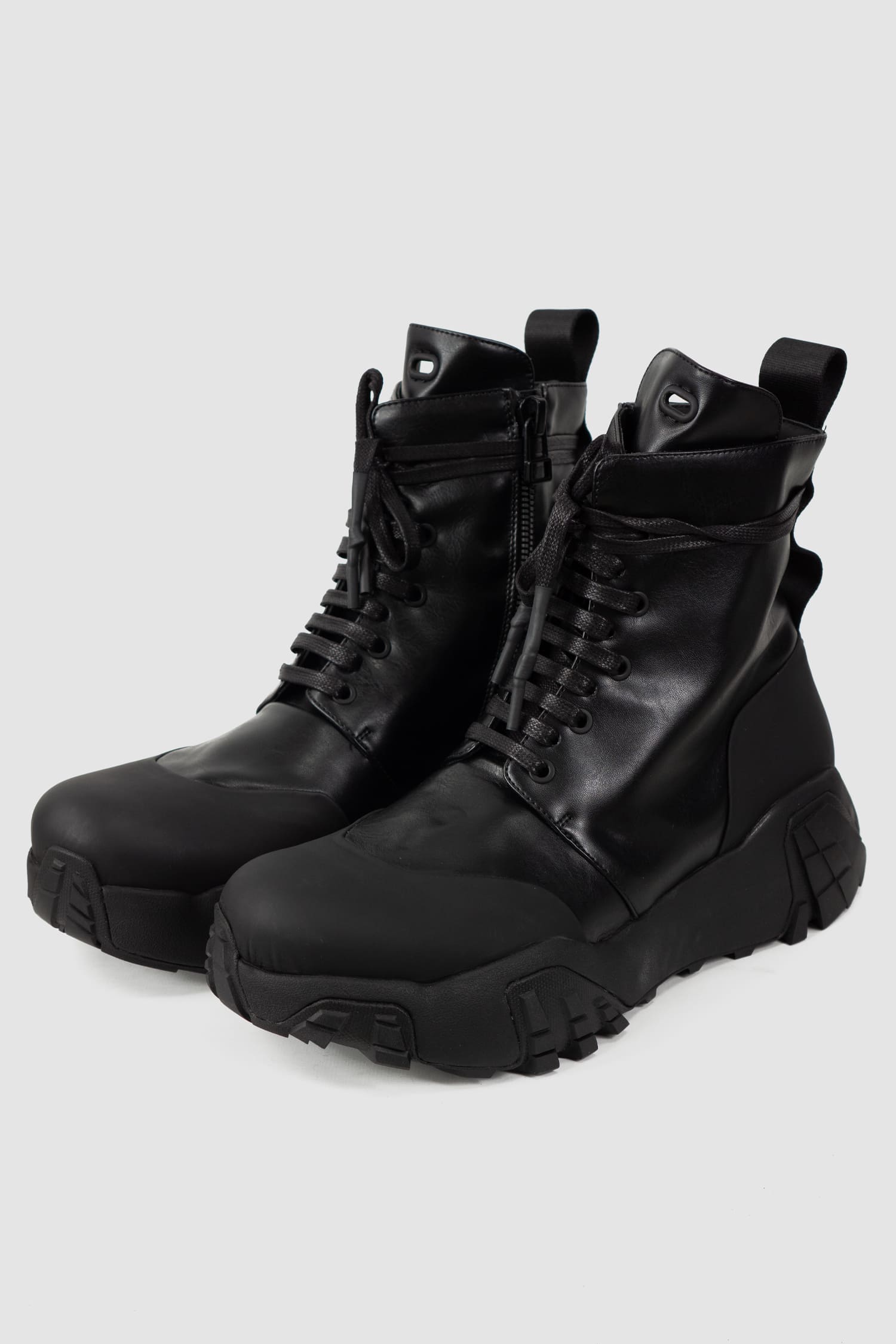 Gall Laboratories by Justin Gall - front pair right view of black Mongrel Geo-Zip Vegan Ankle Boots