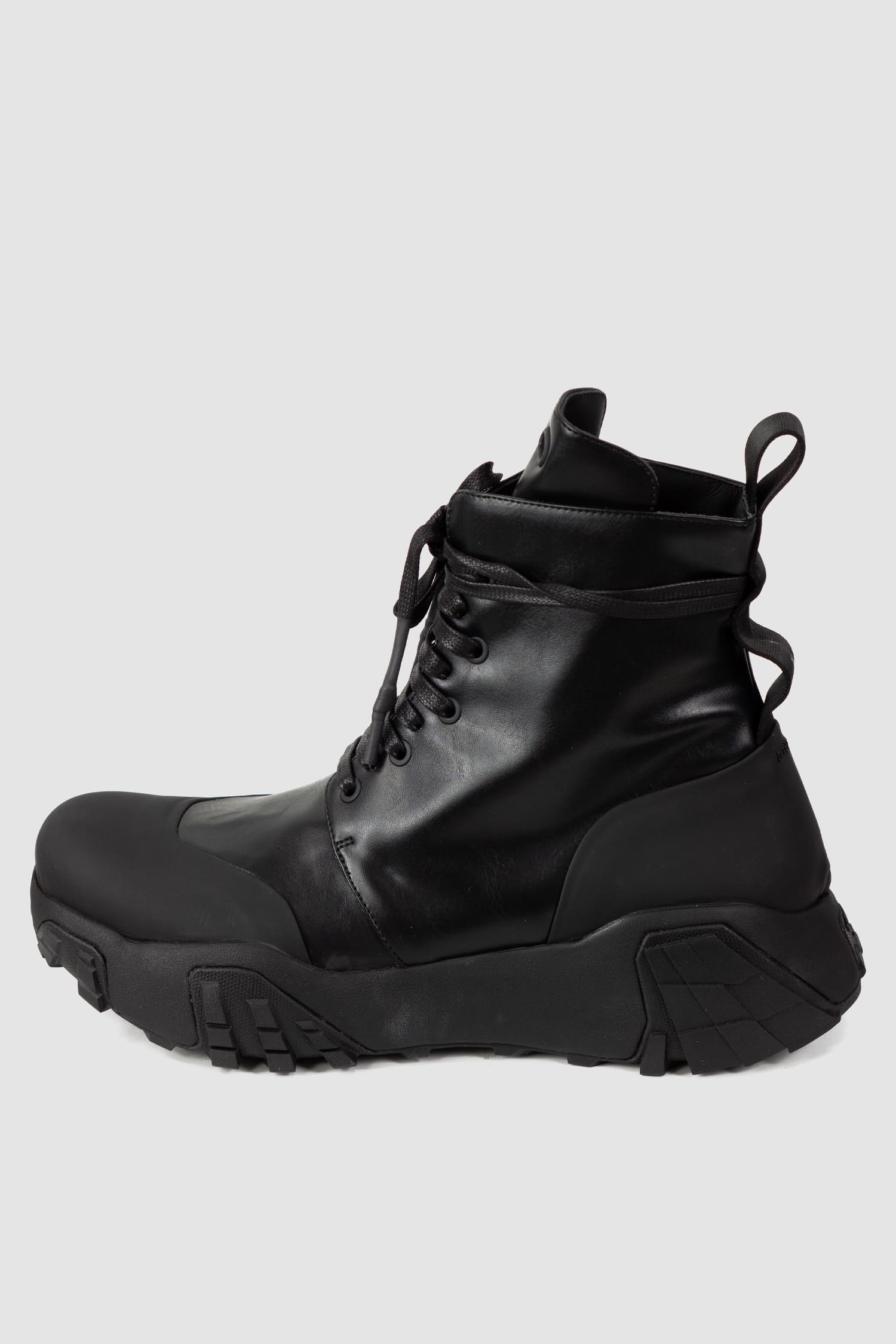 Gall Laboratories by Justin Gall - left piece outside view of black Mongrel Geo-Zip Vegan Ankle Boots