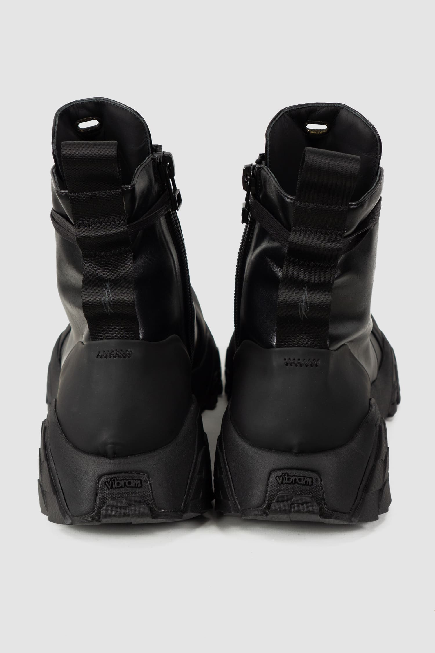 Gall Laboratories by Justin Gall - pair back view of black Mongrel Geo-Zip Vegan Ankle Boots