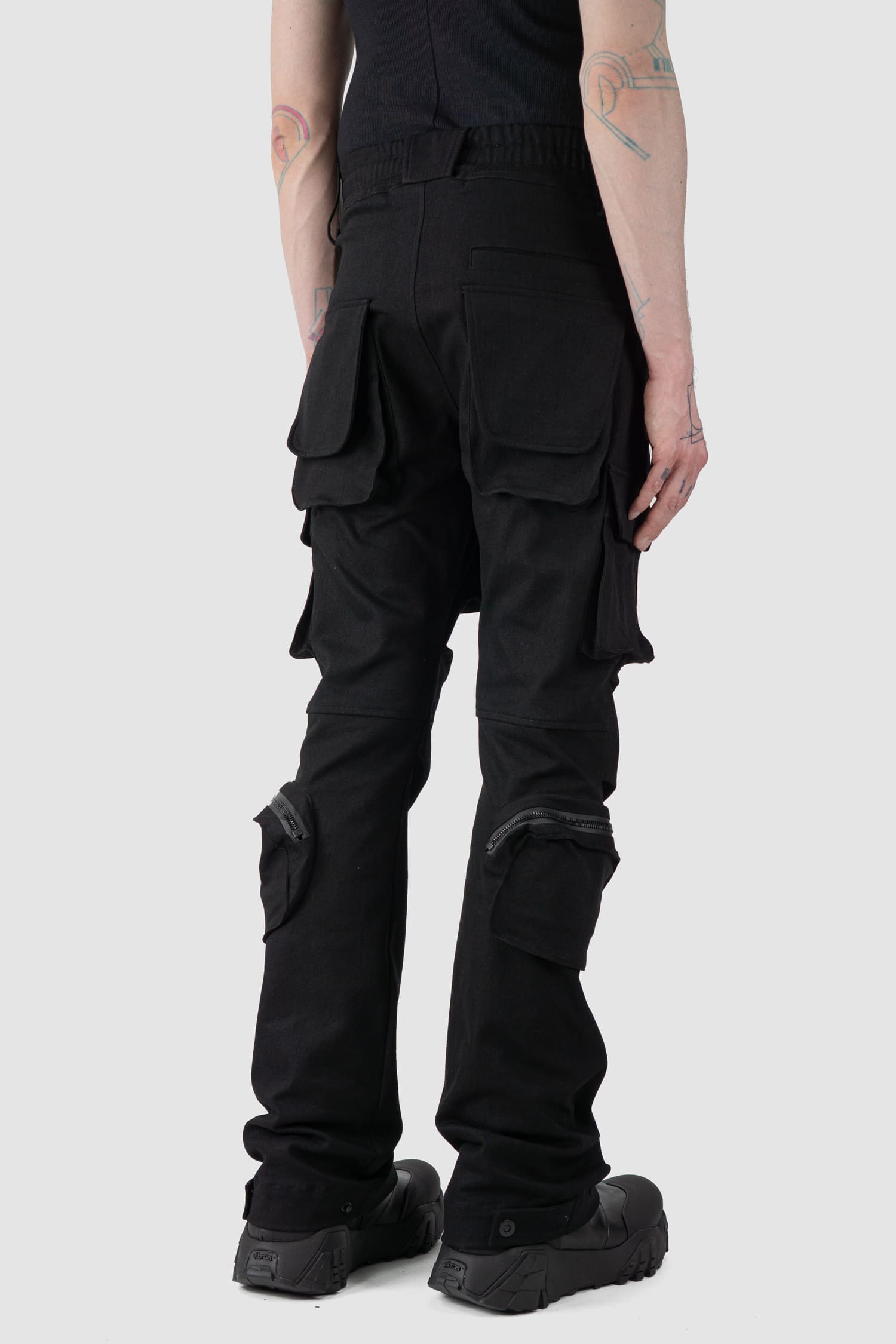 Gall Laboratories by Justin Gall - back side view of black Unit Cotton Cargo Trousers