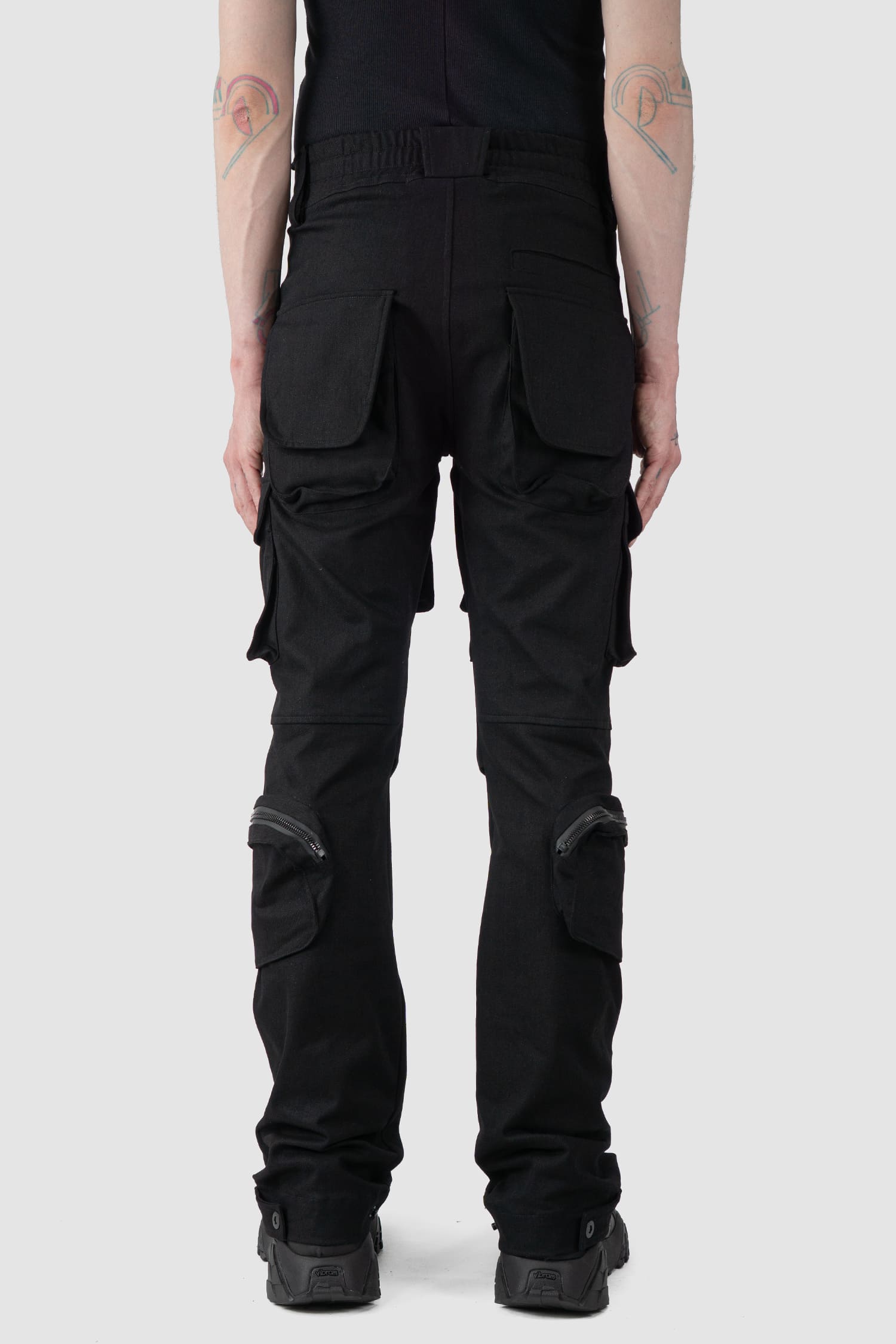 Gall Laboratories by Justin Gall - back view of black Unit Cotton Cargo Trousers