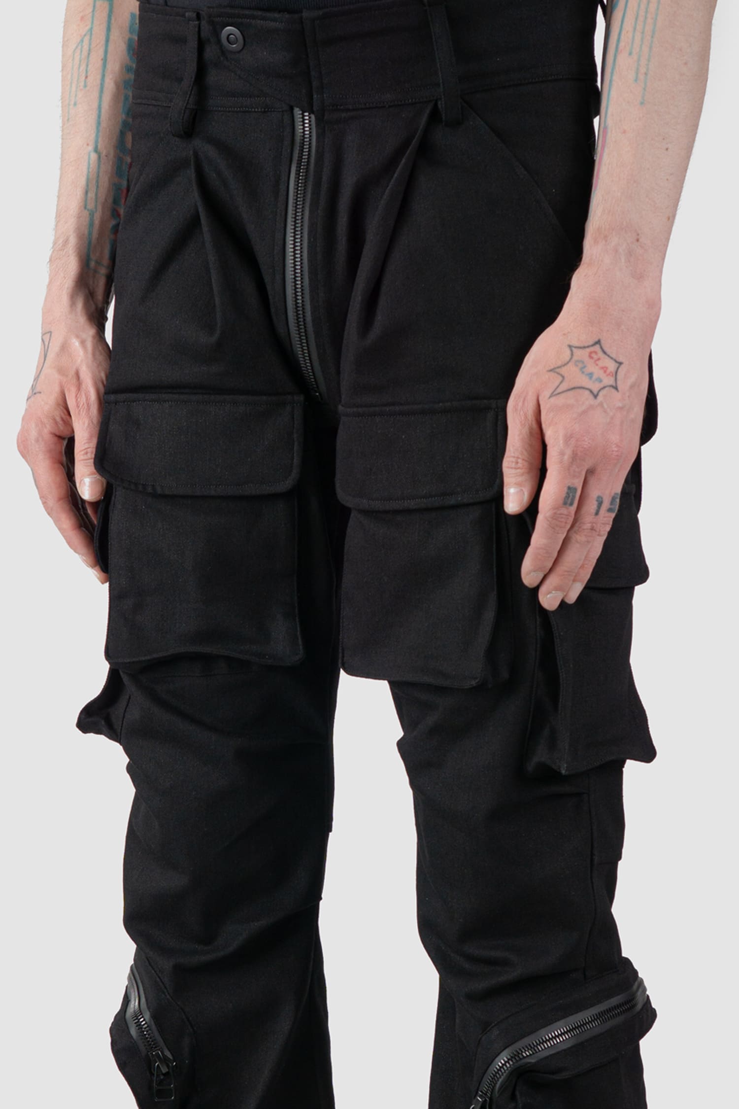 Gall Laboratories by Justin Gall - front detail view of black Unit Cotton Cargo Trousers