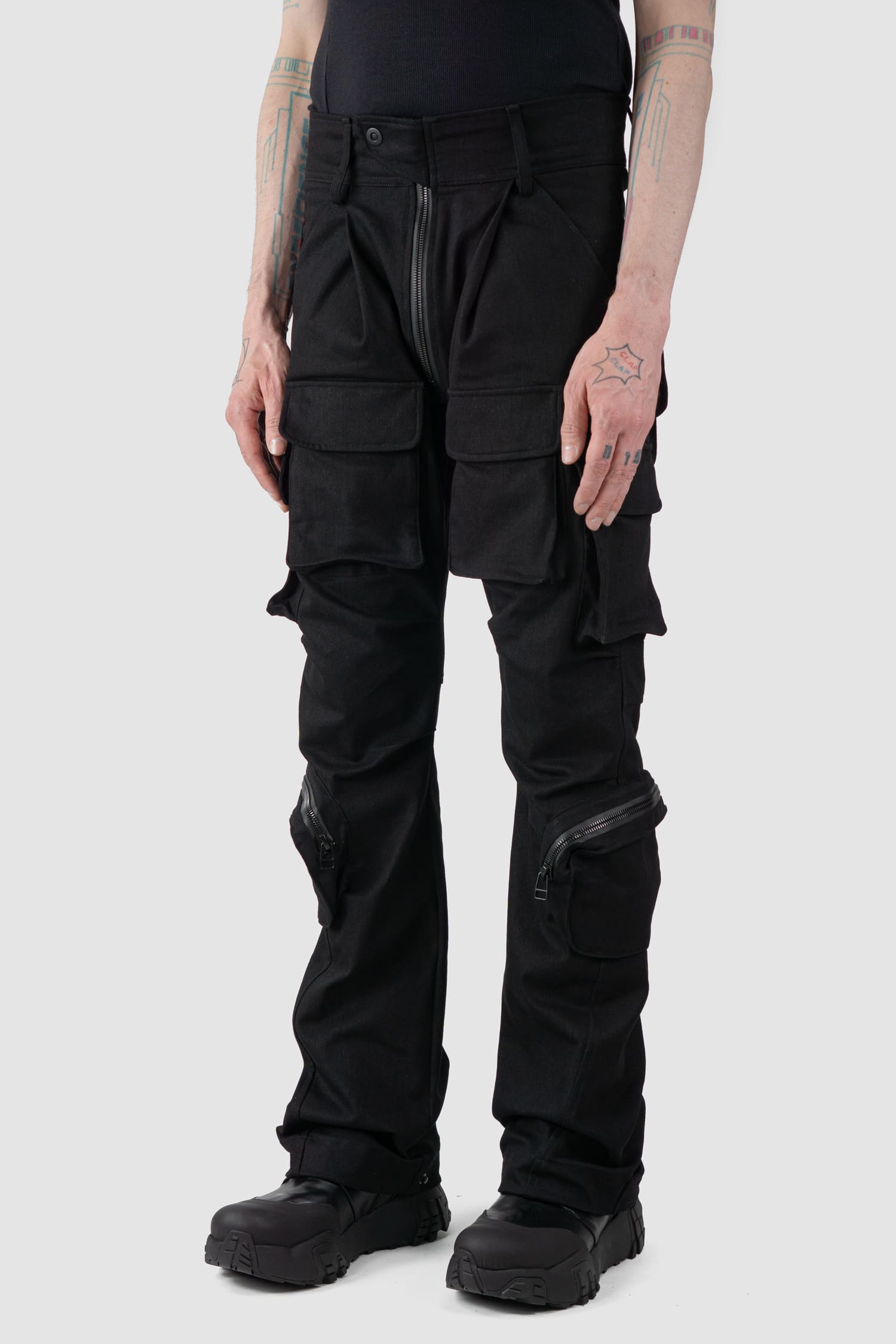 Gall Laboratories by Justin Gall - front side view of black Unit Cotton Cargo Trousers