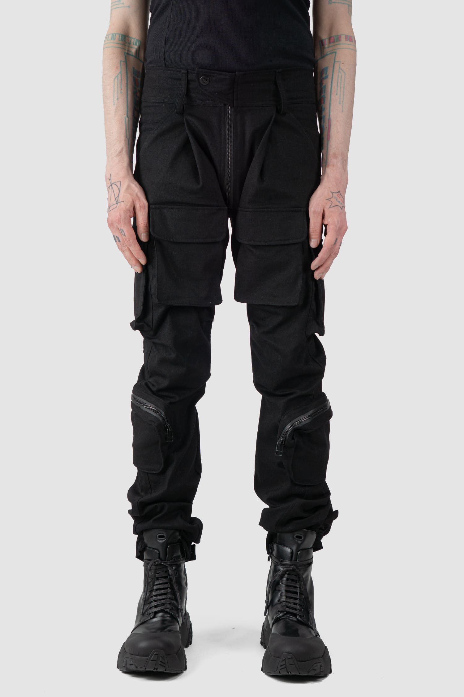 Gall Laboratories by Justin Gall - front stacked leg view of black Unit Cotton Cargo Trousers