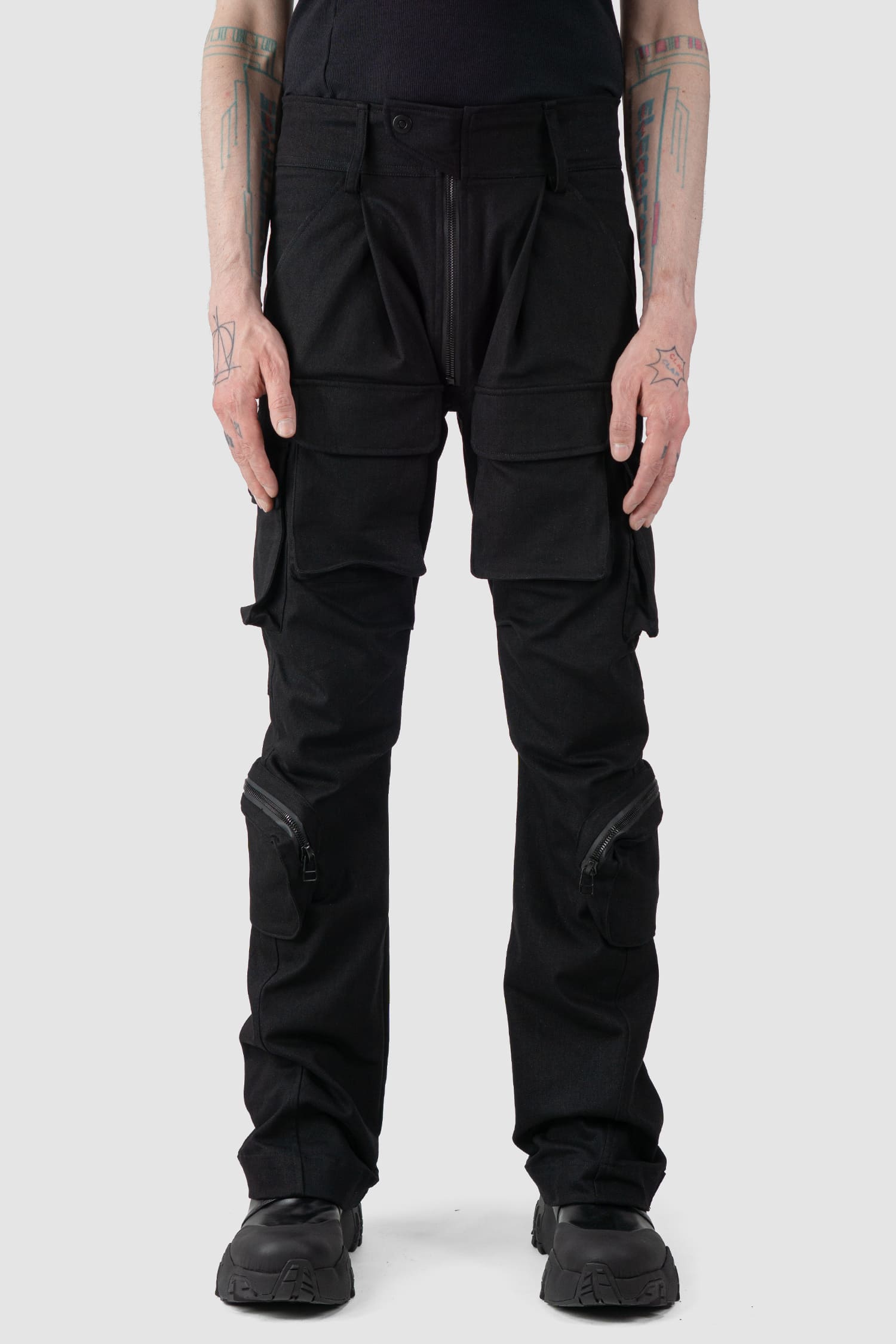 Gall Laboratories by Justin Gall - front view of black Unit Cotton Cargo Trousers