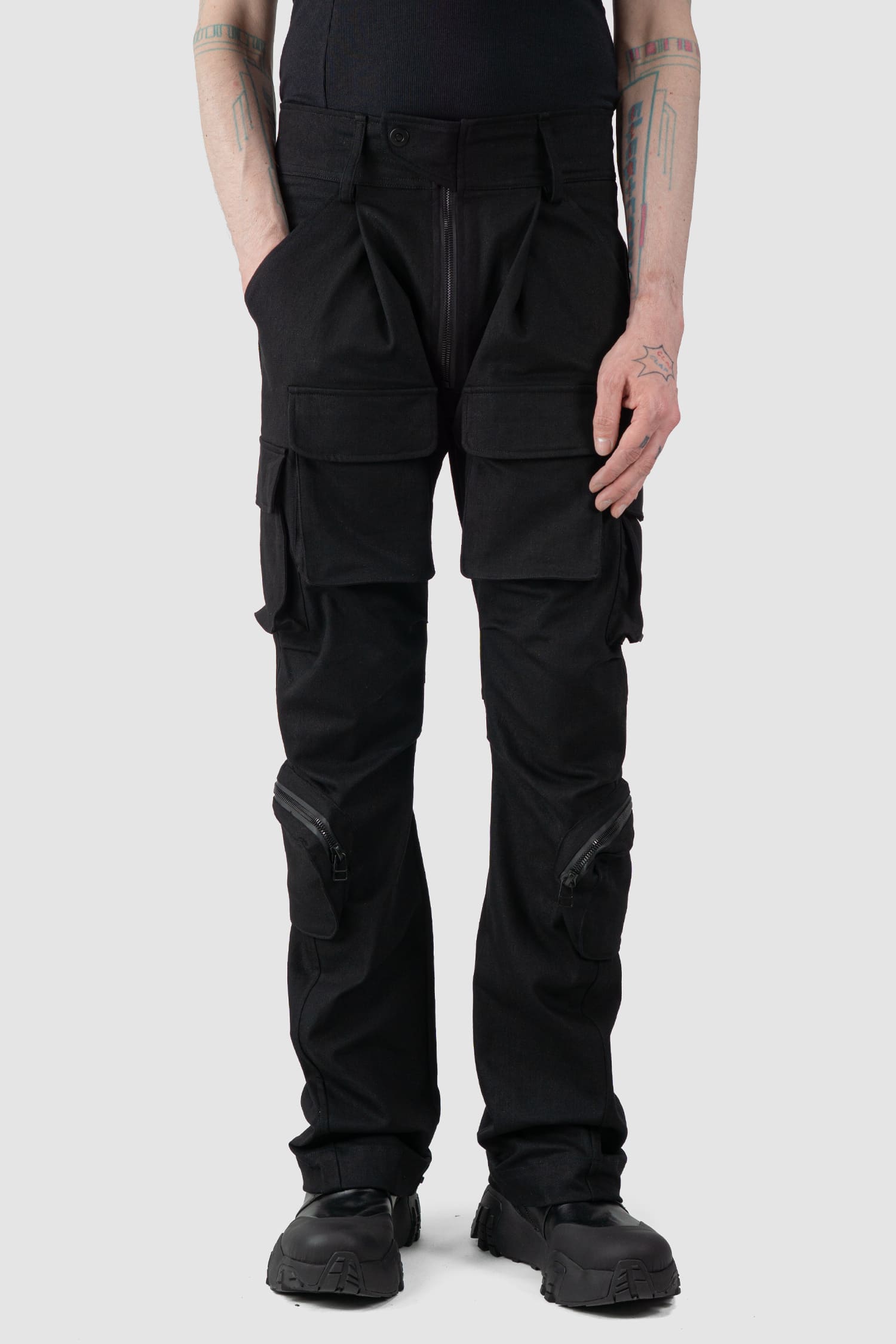 Gall Laboratories by Justin Gall - front relaxed view of black Unit Cotton Cargo Trousers