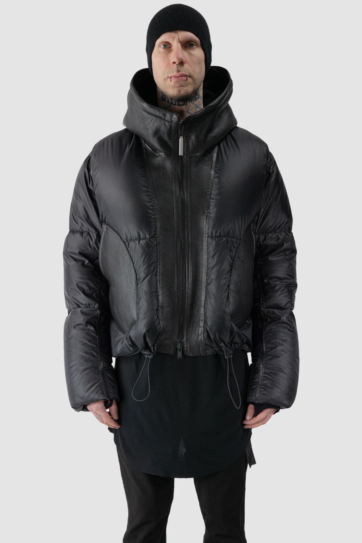 Isaac Sellam - model front tight hem view of men’s Black Hooded Cropped Shearling and Down Puffer Jacket