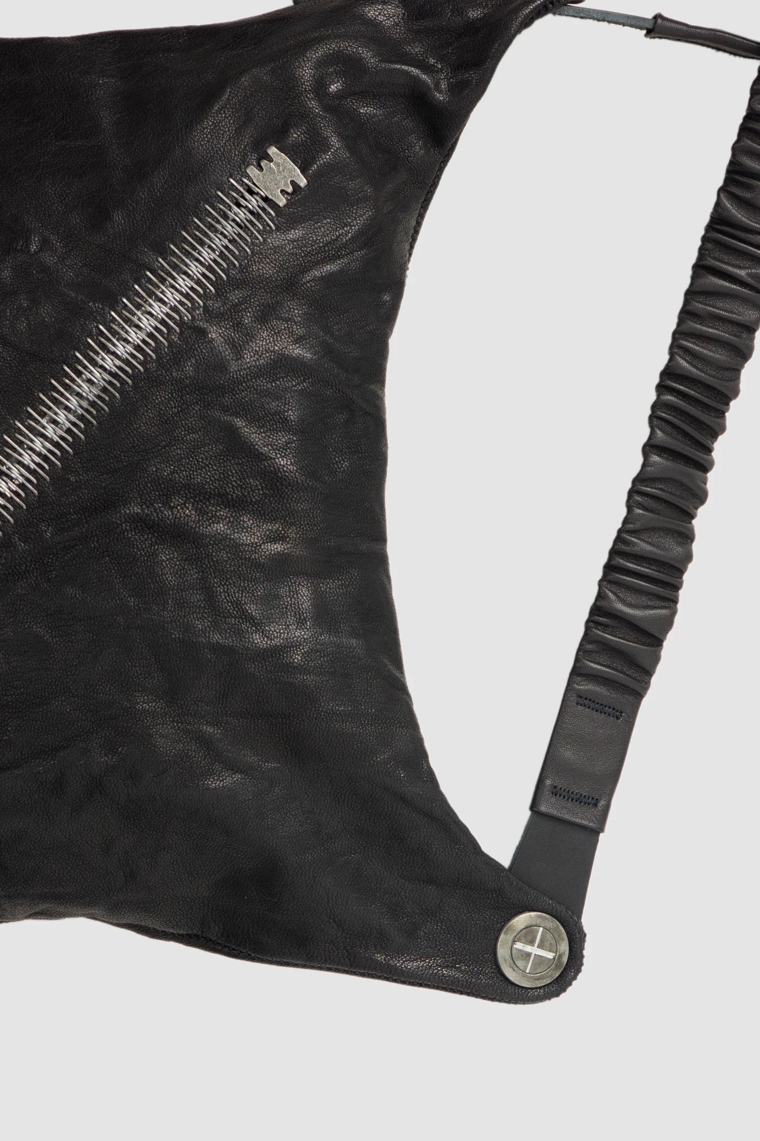 Isaac Sellam Experience - Nomade Men’s Black Asymmetric Lamb Leather Crossbody Bag spine detail view