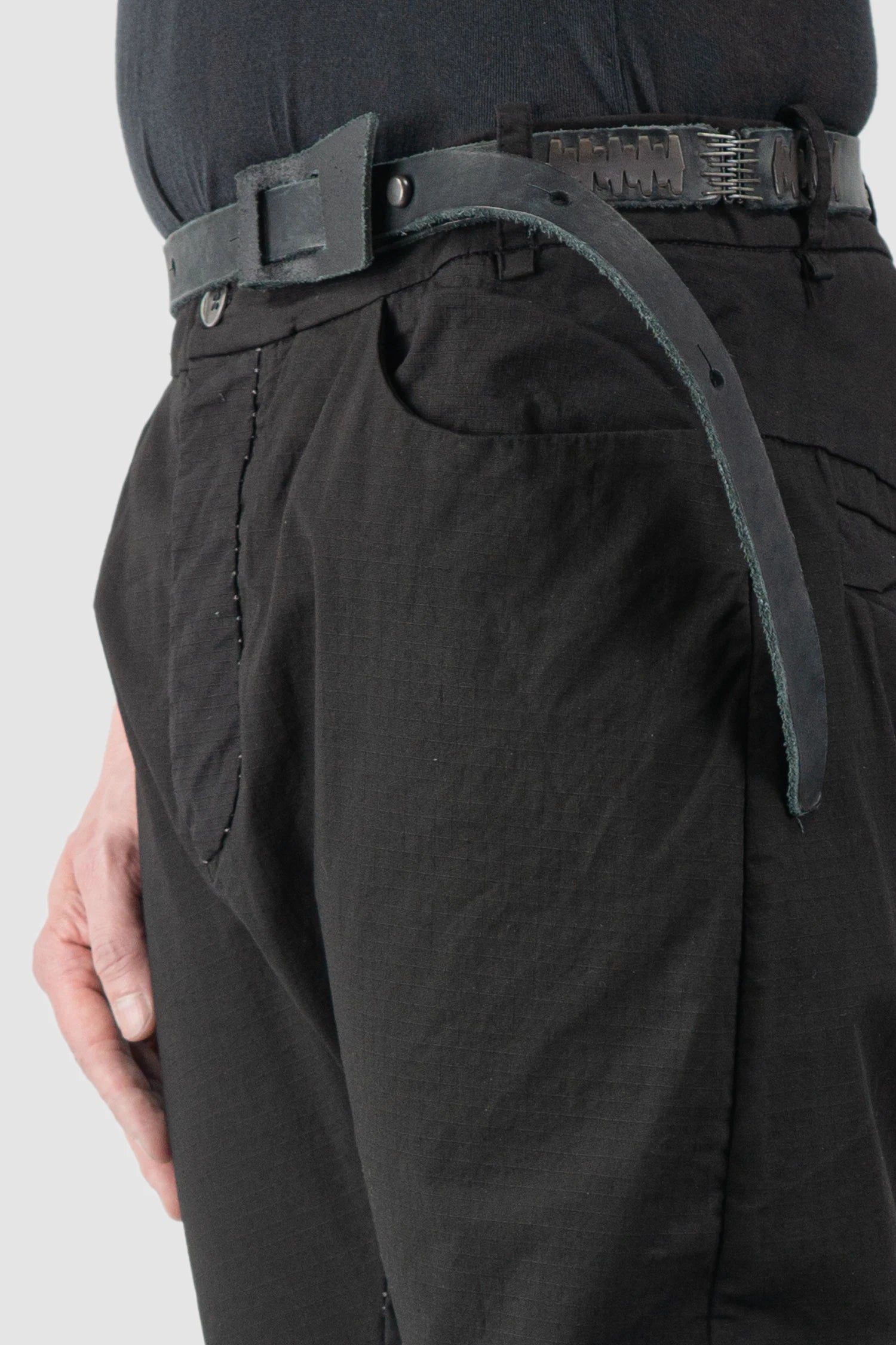 Isaac Sellam Experience - Men’s Black Calf Leather Staple Belt model detail view