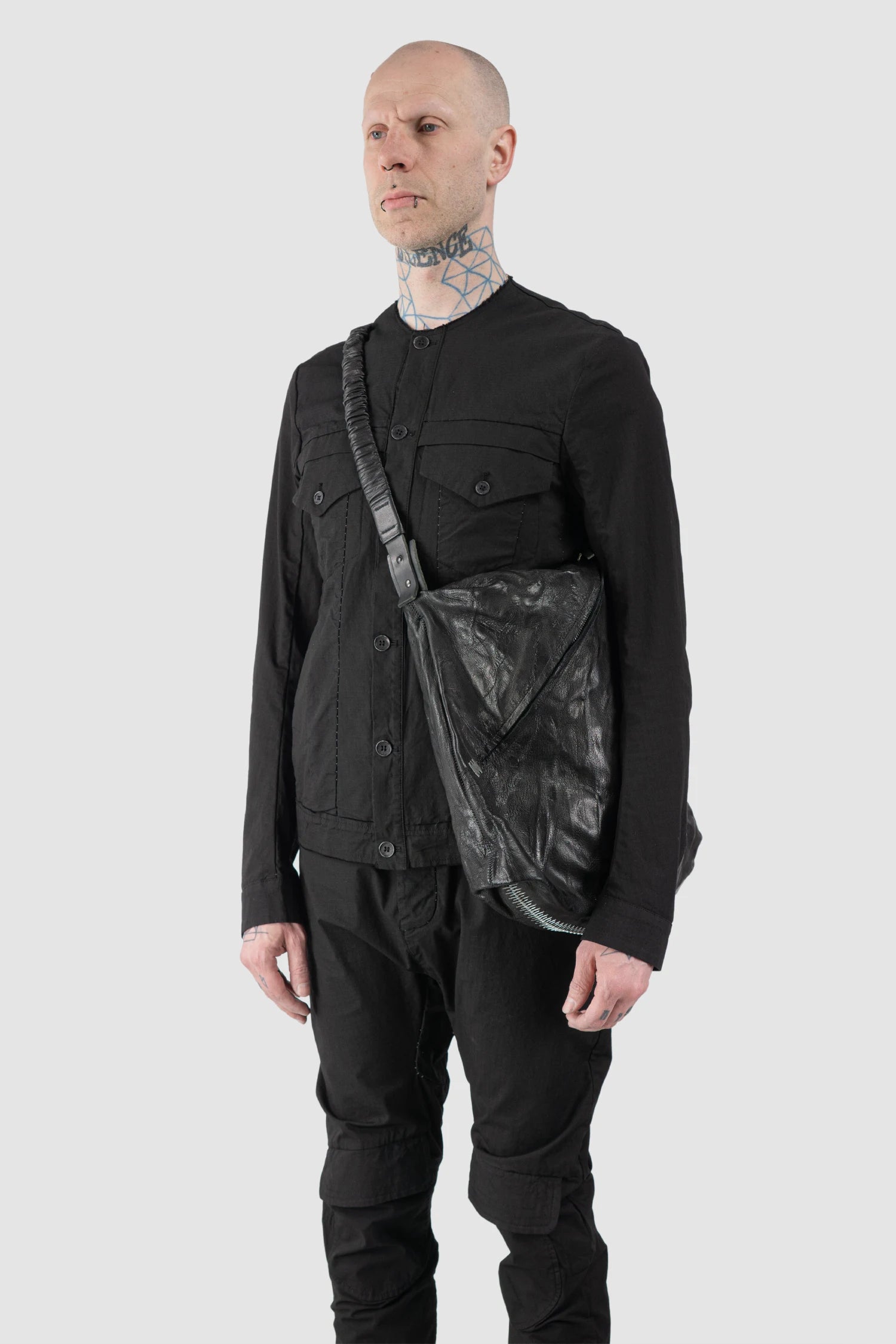 Isaac Sellam Experience - Balladeur Men’s Black Large Asymmetric Lamb Leather Shoulder Bag model cross over view
