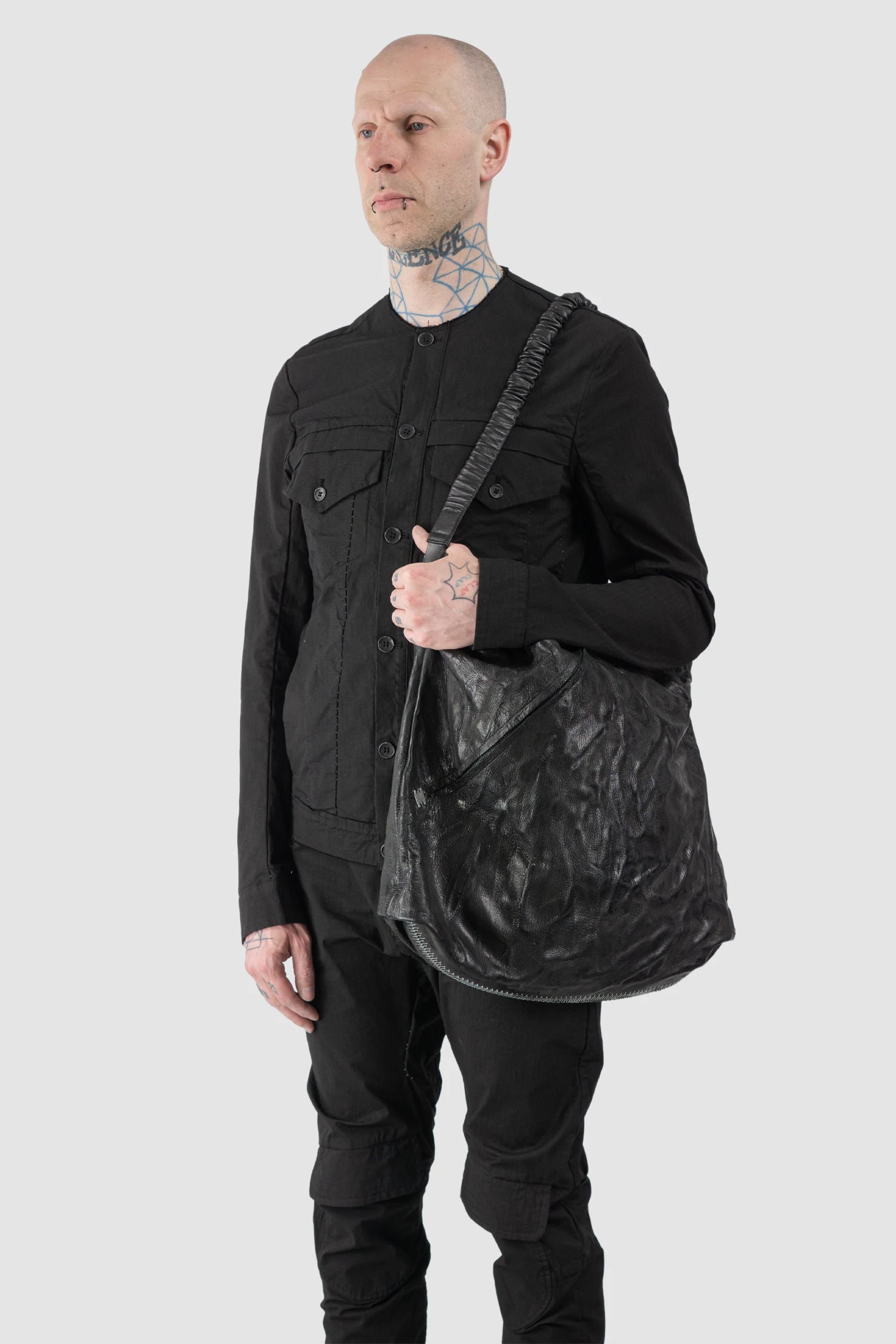 Isaac Sellam Experience - Balladeur Men’s Black Large Asymmetric Lamb Leather Shoulder Bag model shoulder view