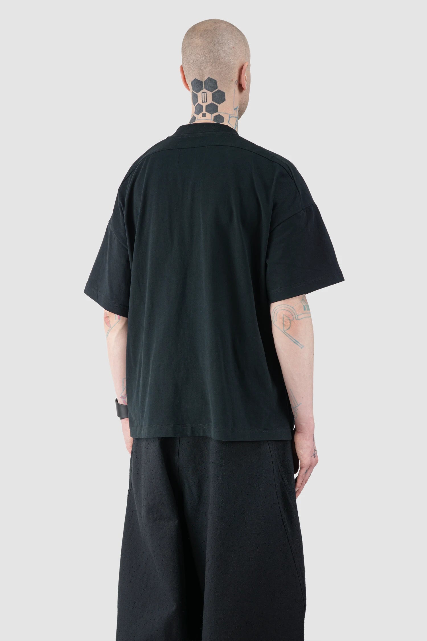 Joe Chia - Men’s Black Boxy Draped Cotton T-Shirt model back side view