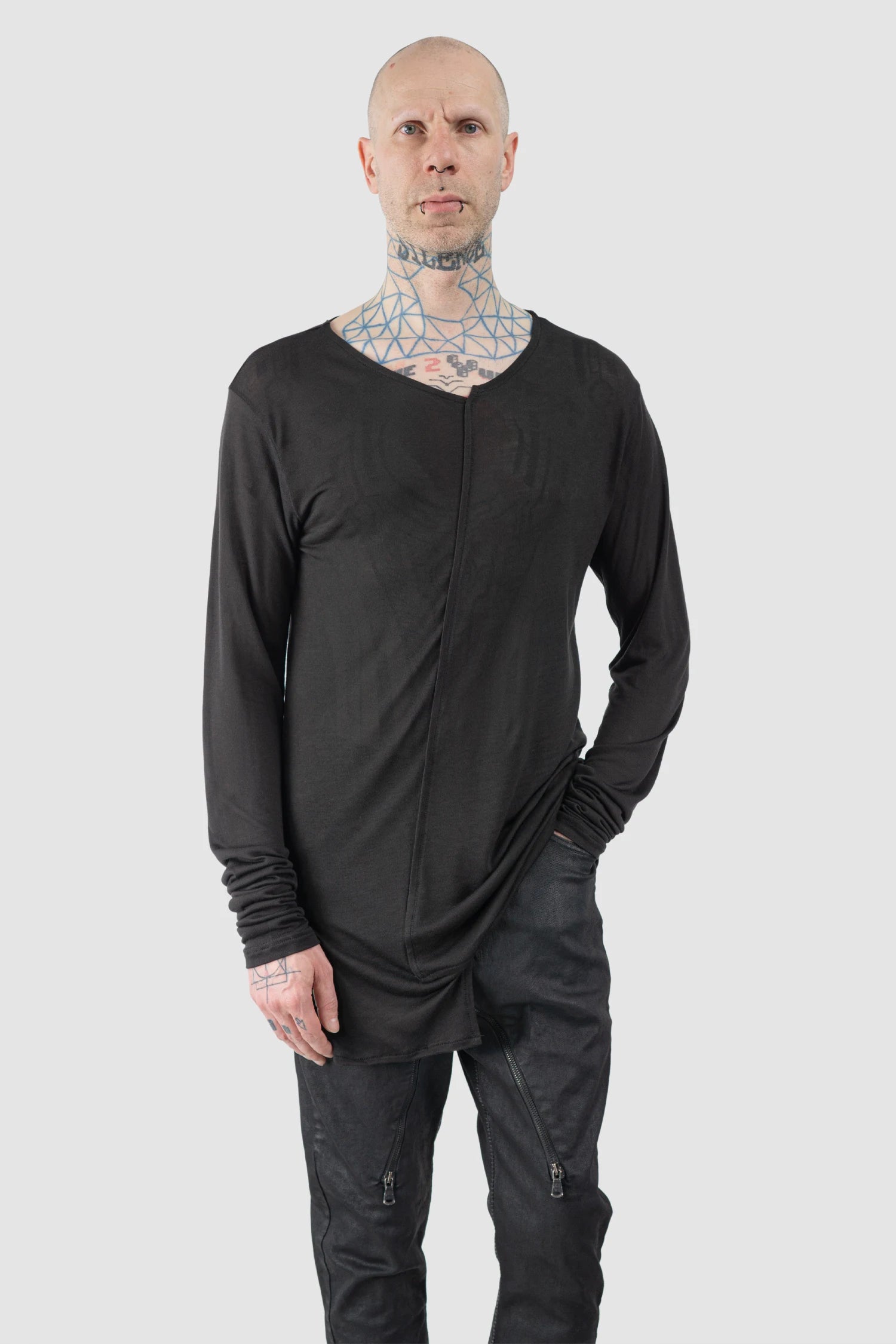 La Haine Inside Us - Men’s Black Asymmetrical V-Neck Long Sleeve T-Shirt model relaxed view