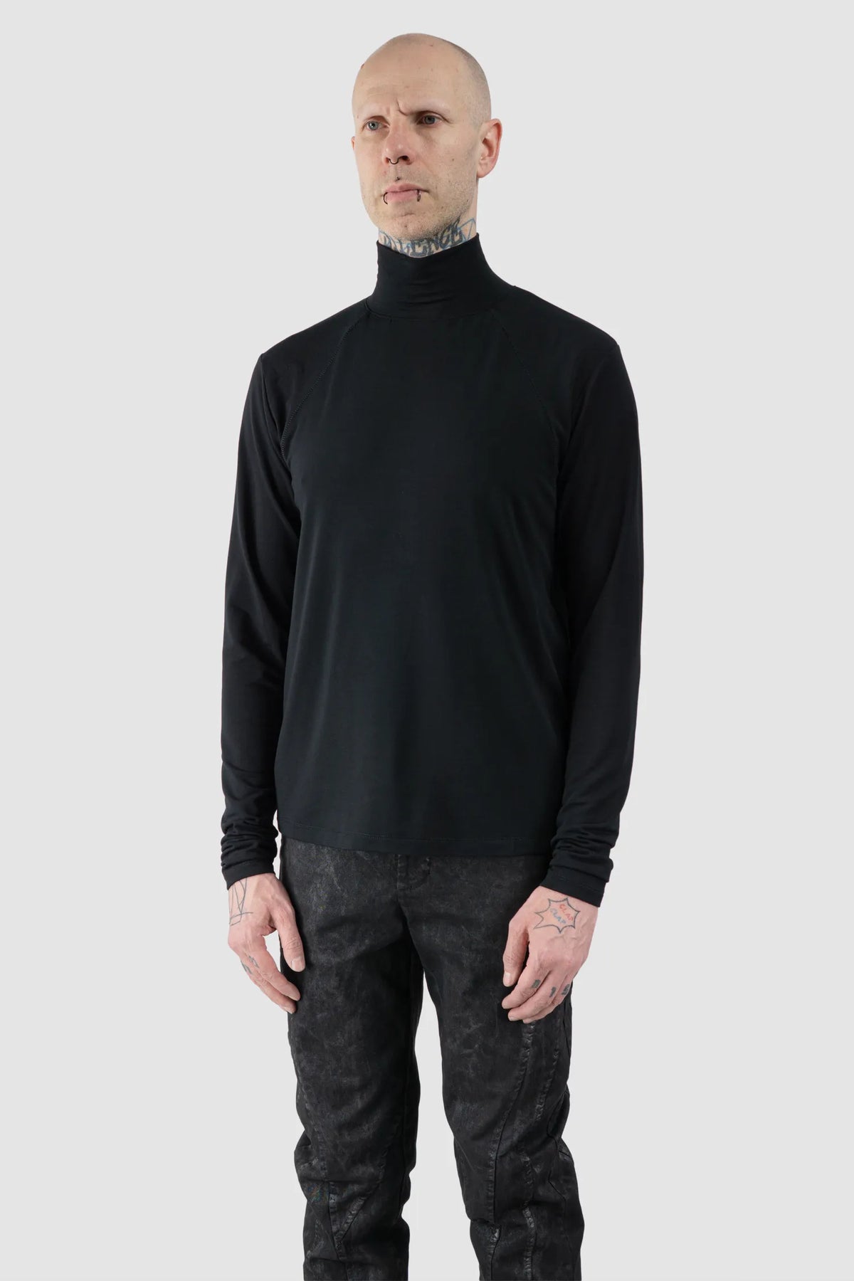 La Haine Inside Us - Men's Black Bamboo Turtleneck Sweater - model front side view - MONO-KROM | Gallery La Haine Inside Us - Men's Black Bamboo Turtleneck Sweater - model front side view - MONO-KROM | Gallery