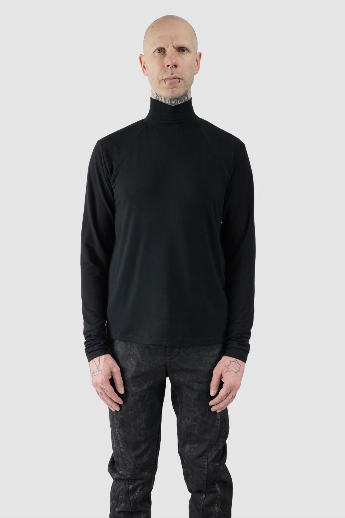 La Haine Inside Us - Men's Black Bamboo Turtleneck Sweater - model front view - MONO-KROM | Gallery La Haine Inside Us - Men's Black Bamboo Turtleneck Sweater - model front view - MONO-KROM | Gallery