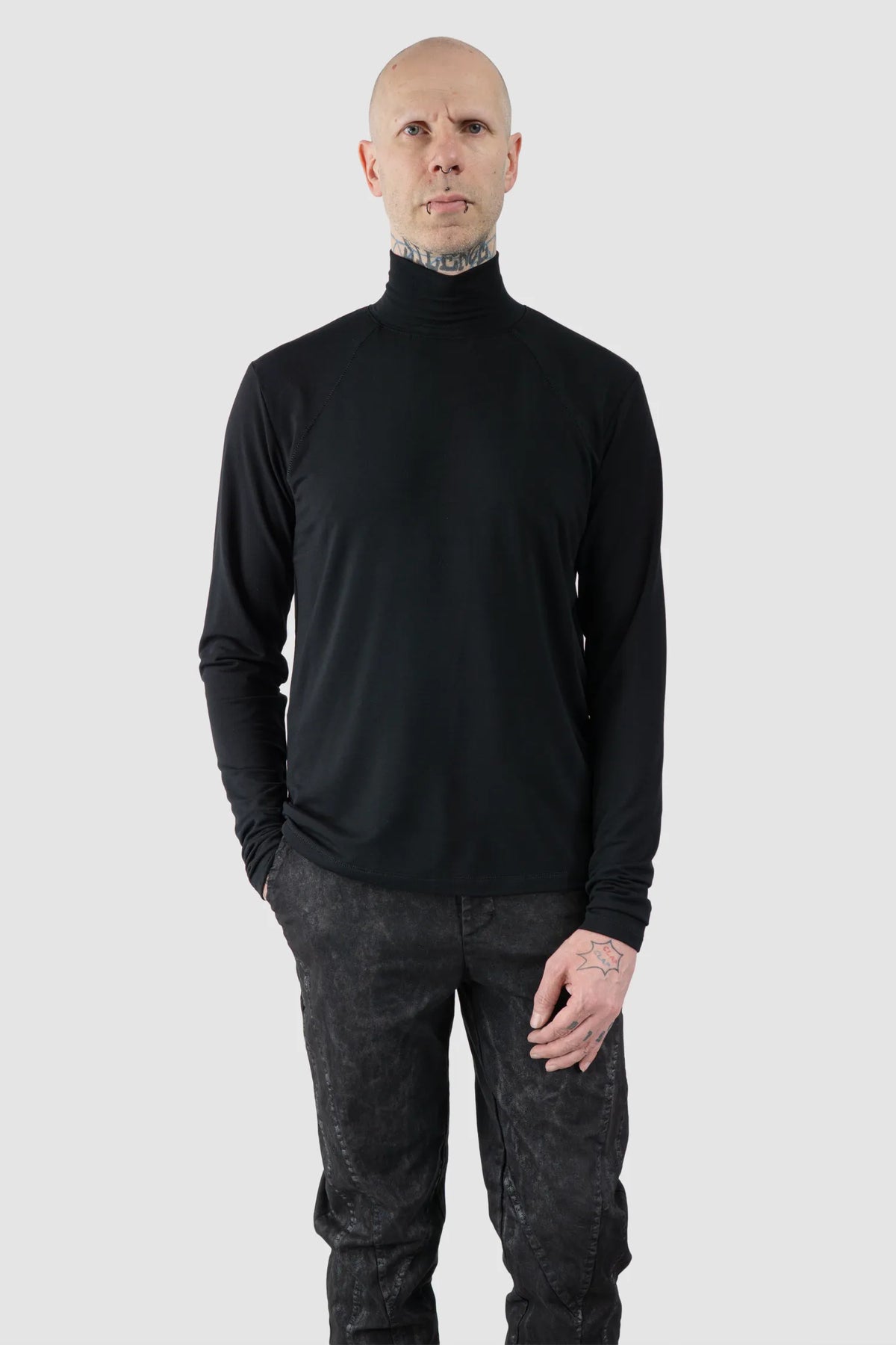 La Haine Inside Us - Men's Black Bamboo Turtleneck Sweater - model relaxed view La Haine Inside Us - Men's Black Bamboo Turtleneck Sweater - model relaxed view