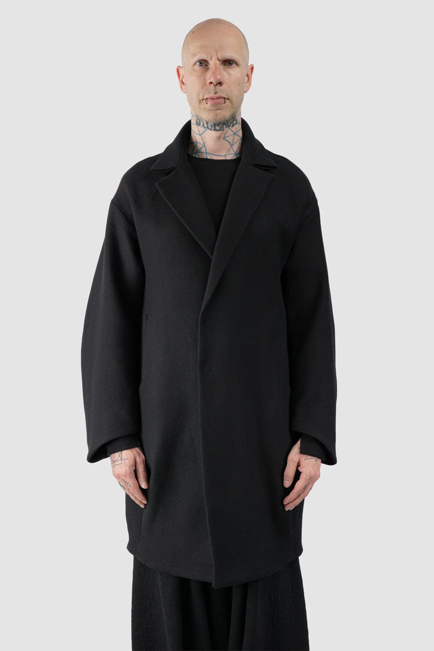 La Haine Inside Us - Men's Black Brushed Wool Blend Oversized Coat - model front view - MONO-KROM | Gallery La Haine Inside Us - Men's Black Brushed Wool Blend Oversized Coat - model front view - MONO-KROM | Gallery