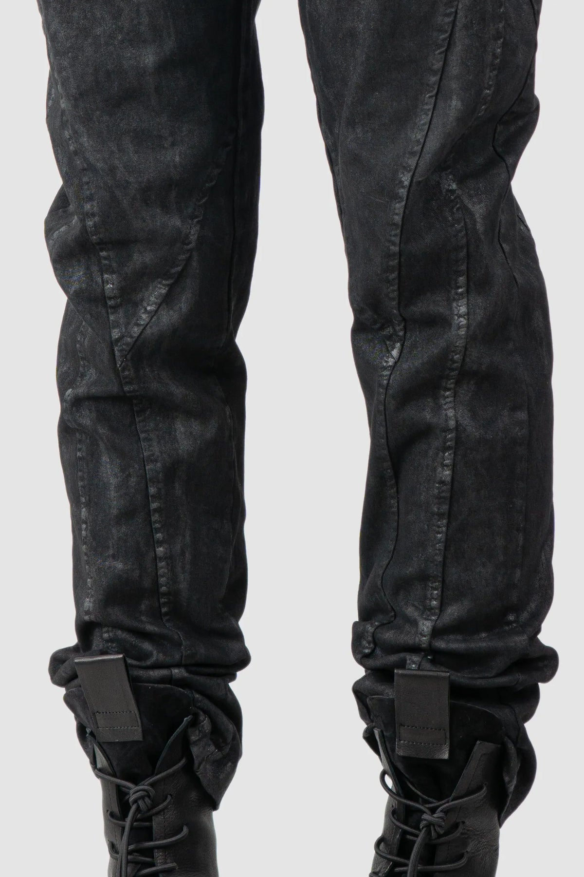 La Haine Inside Us - Men's Black Coated Stretch Denim Jeans - leg detail view La Haine Inside Us - Men's Black Coated Stretch Denim Jeans - leg detail view