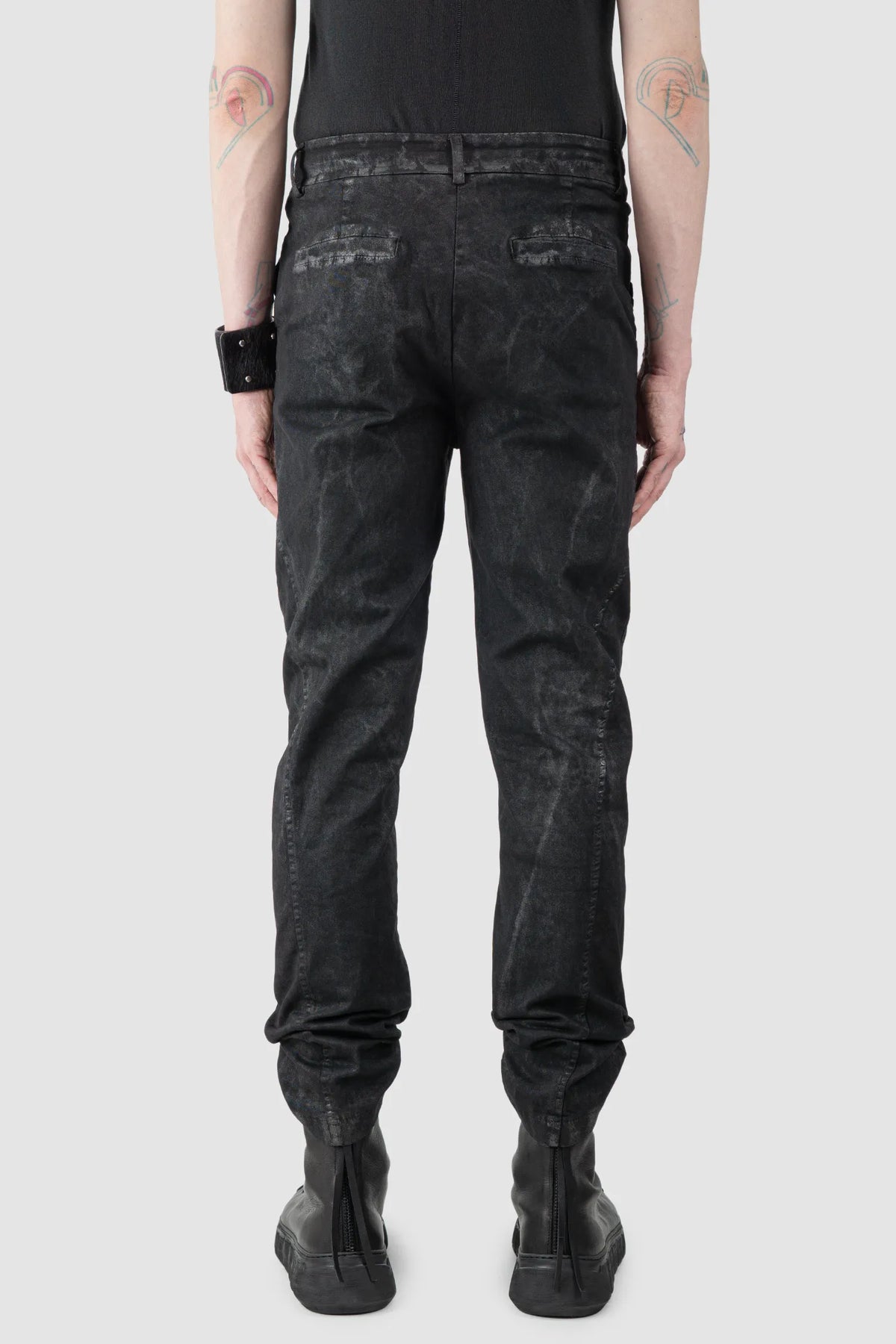 La Haine Inside Us - Men's Black Coated Stretch Denim Jeans - Model back view La Haine Inside Us - Men's Black Coated Stretch Denim Jeans - Model back view