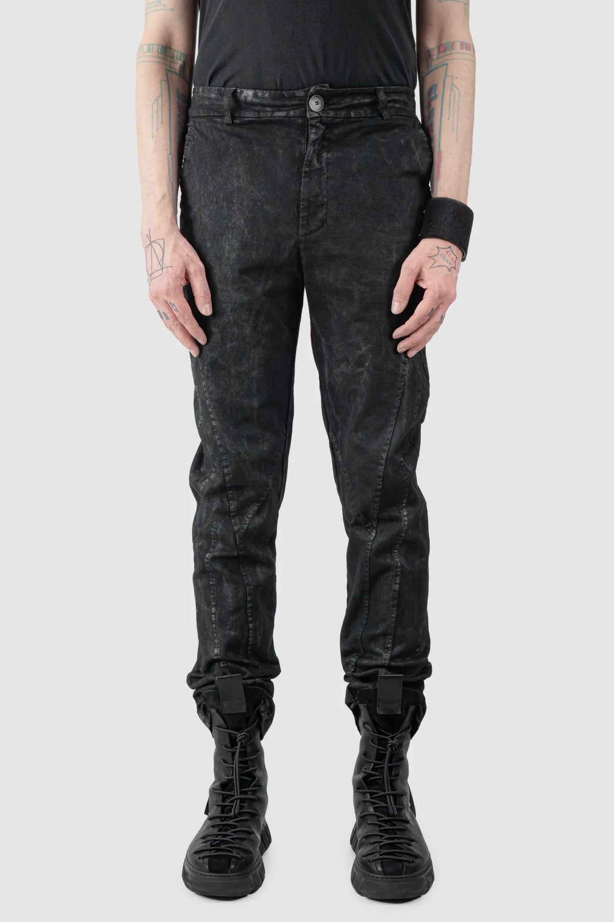 La Haine Inside Us - Men's Black Coated Stretch Denim Jeans - model front view - MONO-KROM | Gallery La Haine Inside Us - Men's Black Coated Stretch Denim Jeans - model front view - MONO-KROM | Gallery