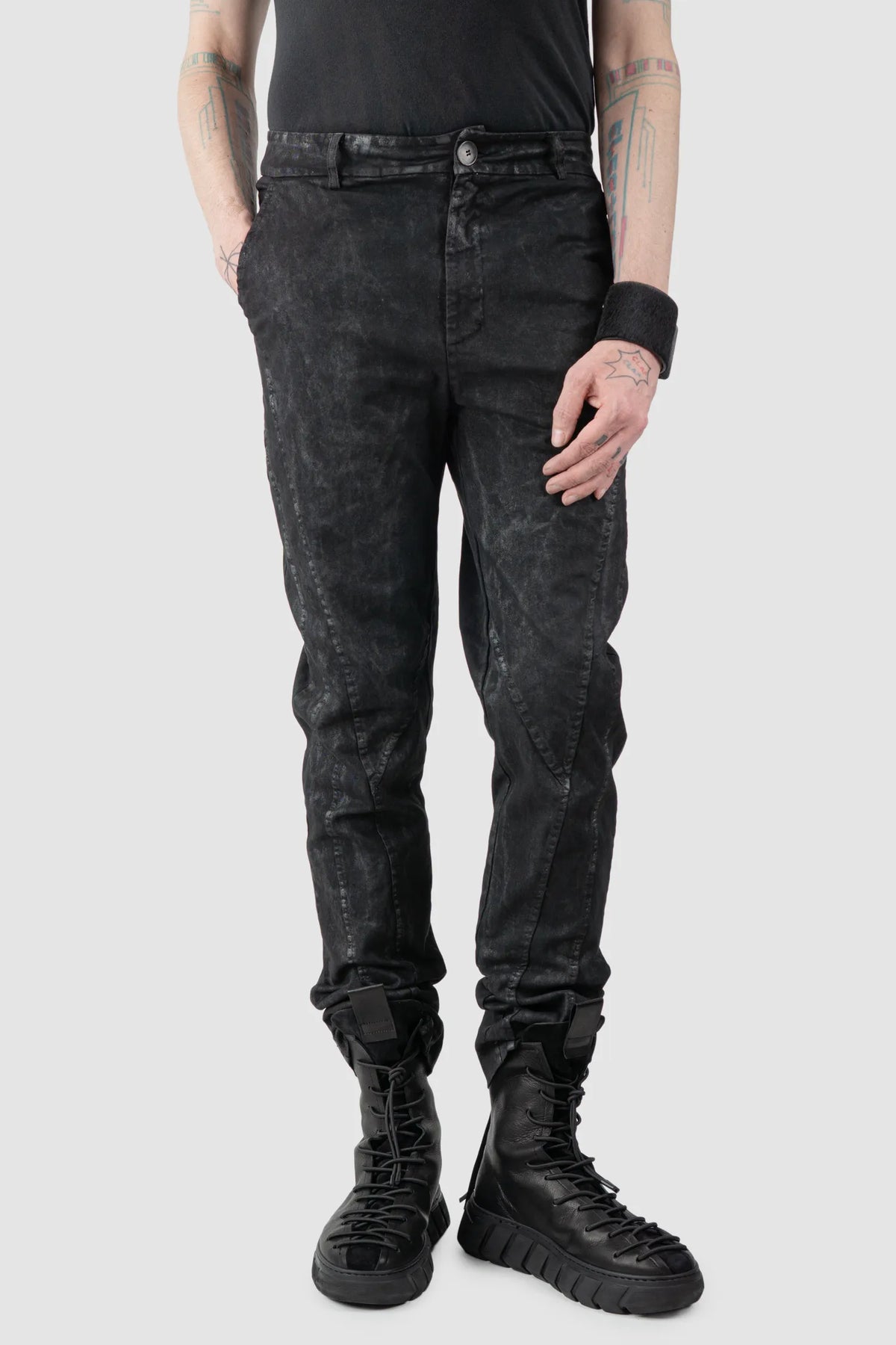 La Haine Inside Us - Men's Black Coated Stretch Denim Jeans - Model relaxed view La Haine Inside Us - Men's Black Coated Stretch Denim Jeans - Model relaxed view
