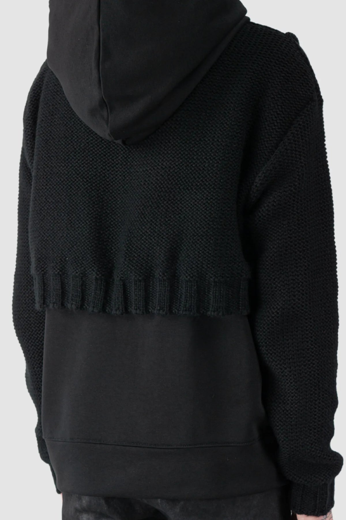 La Haine Inside Us - Men's Black Cotton & Wool Knit Hoodie - back detail view La Haine Inside Us - Men's Black Cotton & Wool Knit Hoodie - back detail view
