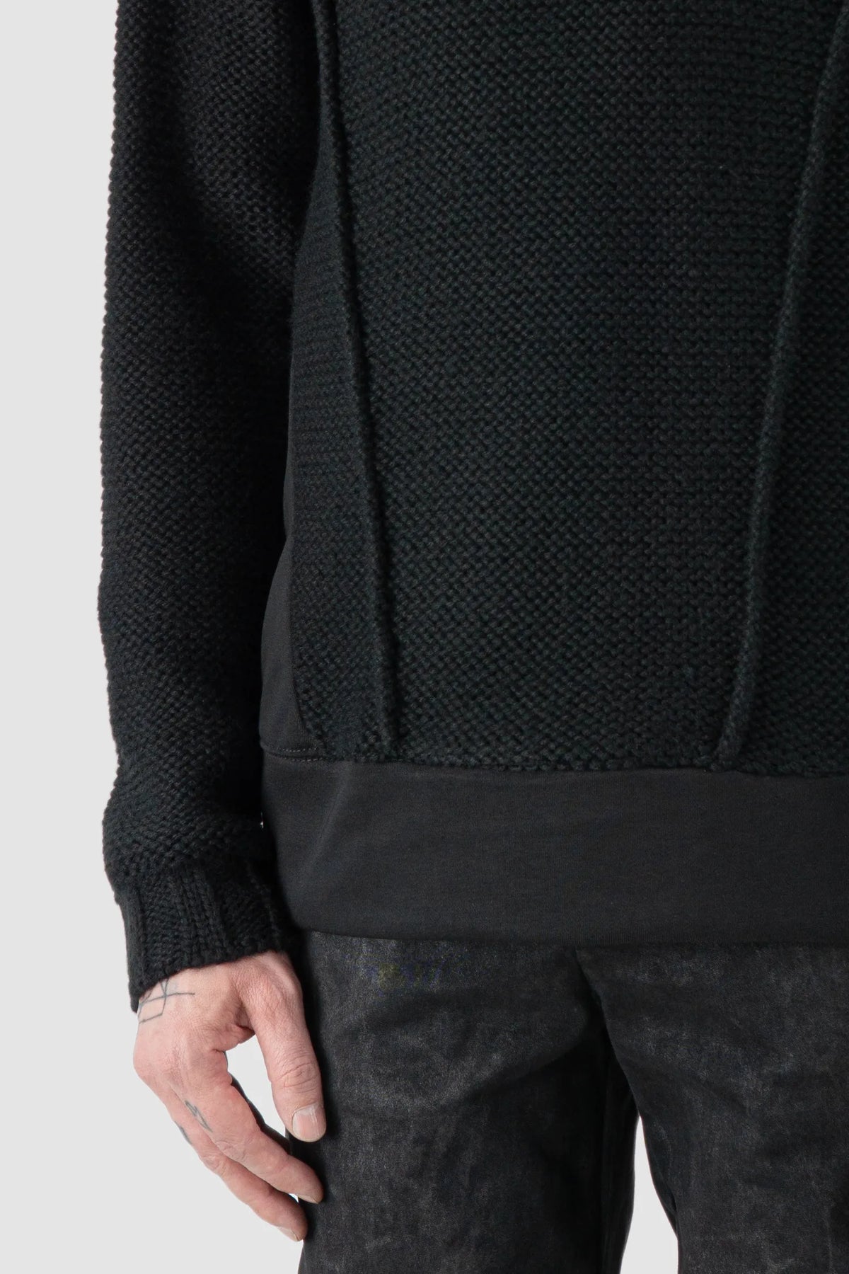 La Haine Inside Us - Men's Black Cotton & Wool Knit Hoodie - hem detail view La Haine Inside Us - Men's Black Cotton & Wool Knit Hoodie - hem detail view