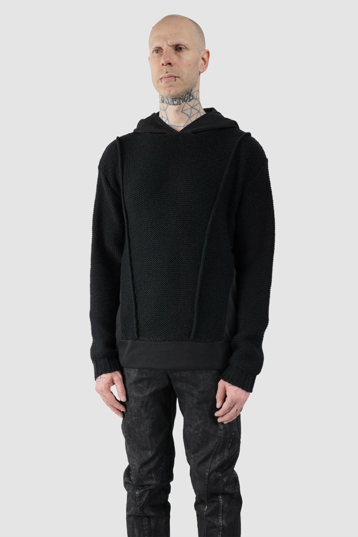 La Haine Inside Us - Men's Black Cotton & Wool Knit Hoodie - model front side view - MONO-KROM | Gallery La Haine Inside Us - Men's Black Cotton & Wool Knit Hoodie - model front side view - MONO-KROM | Gallery