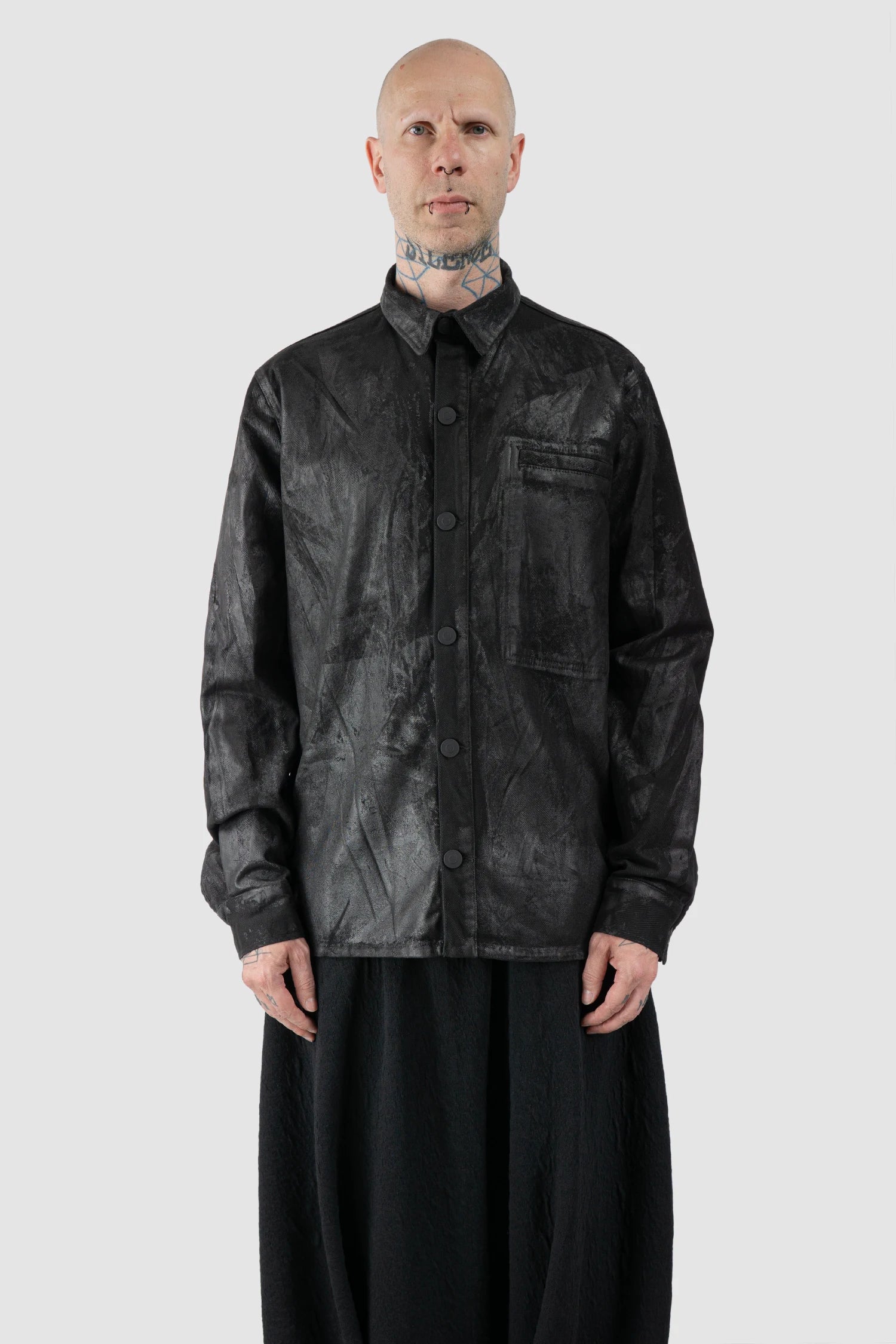 La Haine Inside Us - Men's Black Heavy Waxed Oversized Worker Denim Jacket - model front view - MONO-KROM | Gallery La Haine Inside Us - Men's Black Heavy Waxed Oversized Worker Denim Jacket - model front view - MONO-KROM | Gallery