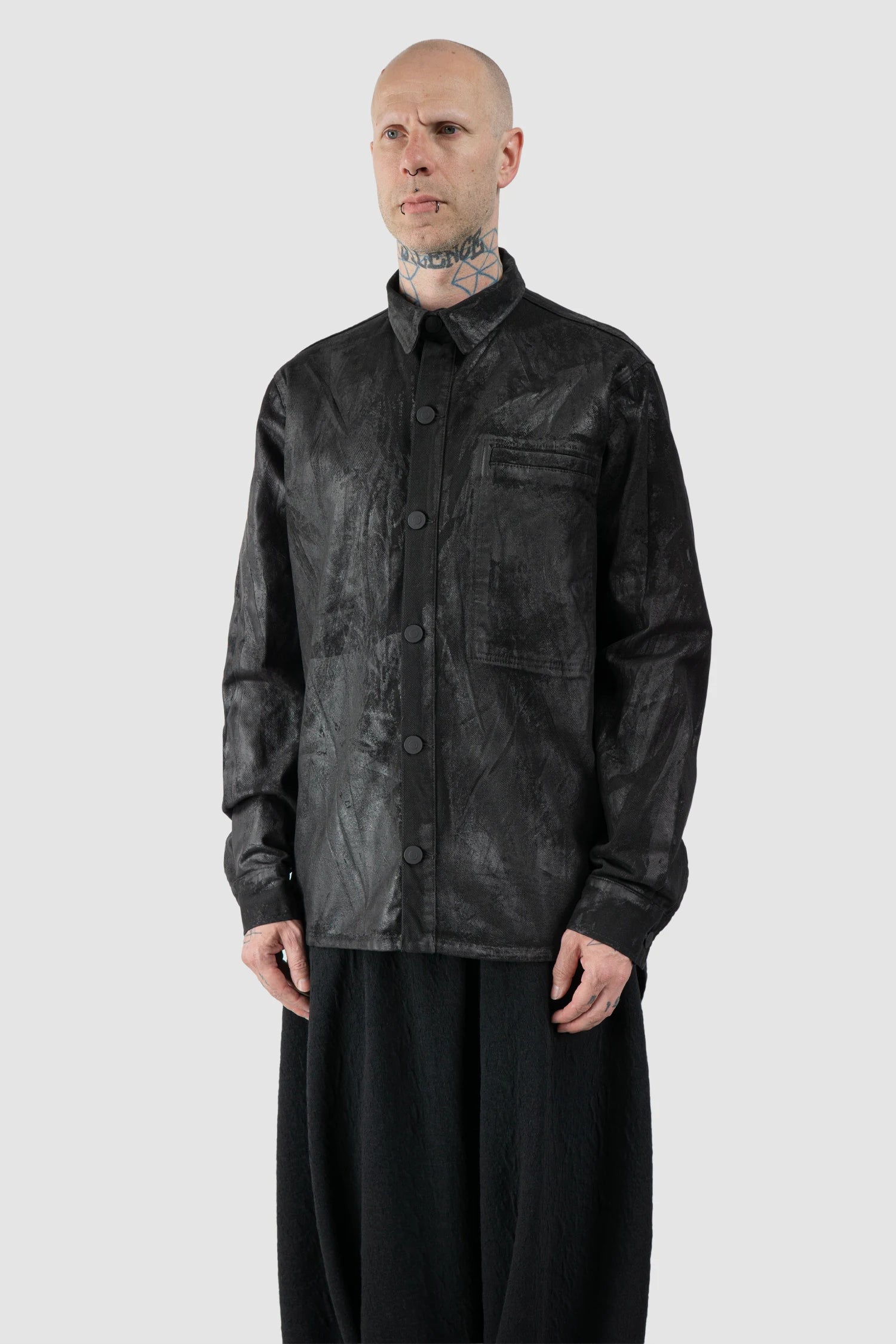 La Haine Inside Us - Men's Black Heavy Waxed Oversized Worker Denim Jacket - model side view - MONO-KROM | Gallery La Haine Inside Us - Men's Black Heavy Waxed Oversized Worker Denim Jacket - model side view - MONO-KROM | Gallery