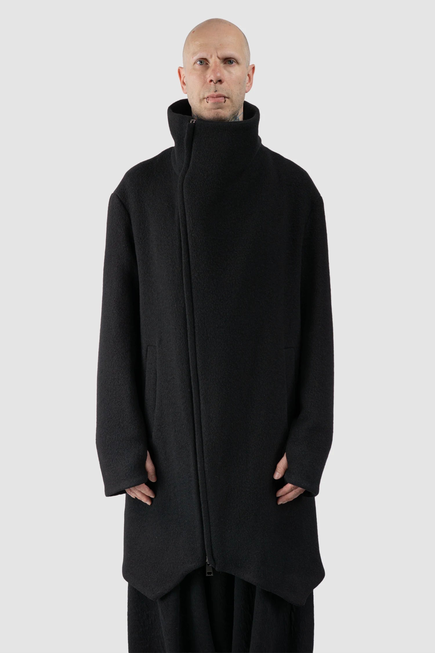 La Haine Inside Us - Men's Black High Neck Soft Wool Blend Coat - model front view - MONO-KROM | Gallery La Haine Inside Us - Men's Black High Neck Soft Wool Blend Coat - model front view - MONO-KROM | Gallery