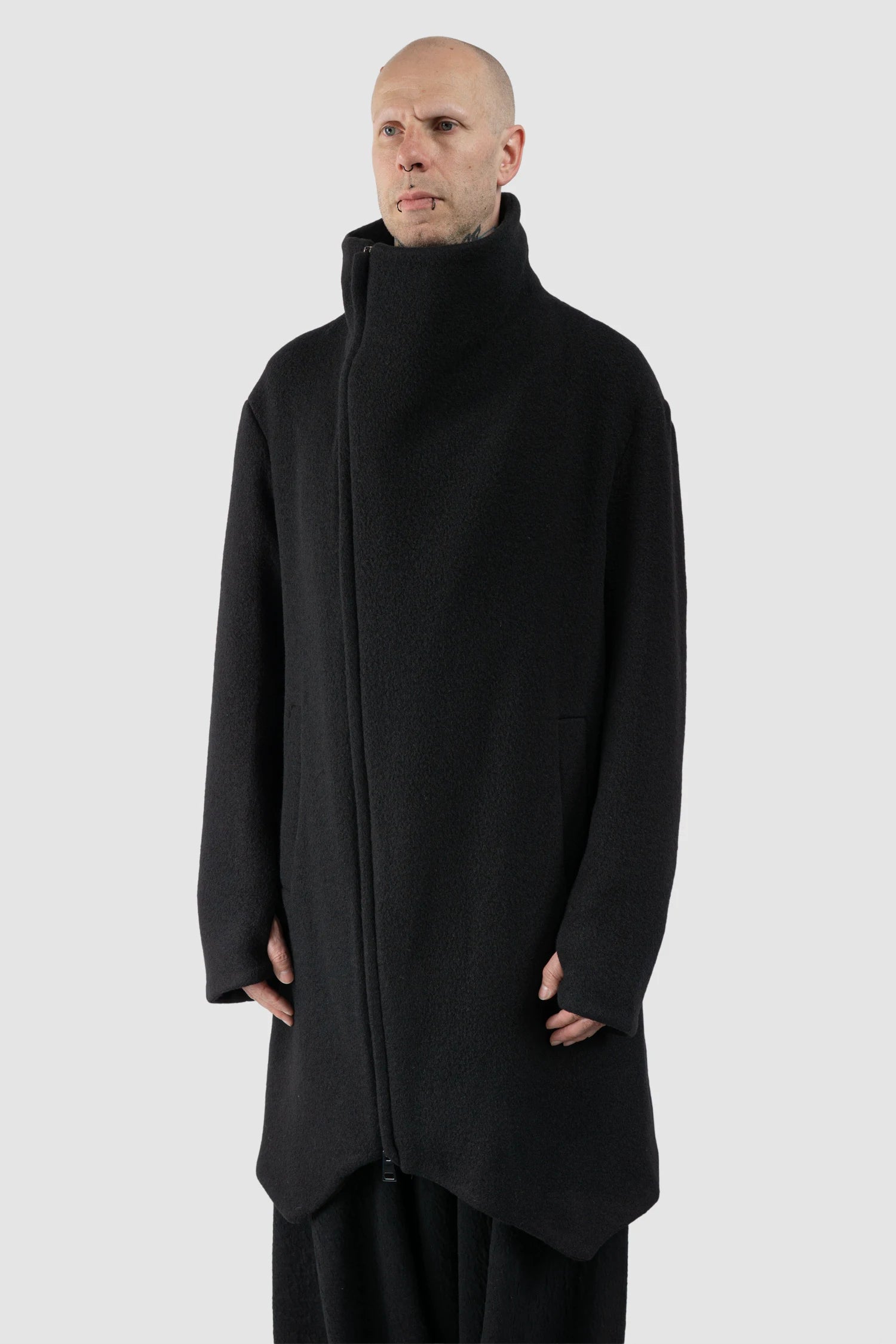 La Haine Inside Us - Men's Black High Neck Soft Wool Blend Coat - model side view - MONO-KROM | Gallery La Haine Inside Us - Men's Black High Neck Soft Wool Blend Coat - model side view - MONO-KROM | Gallery