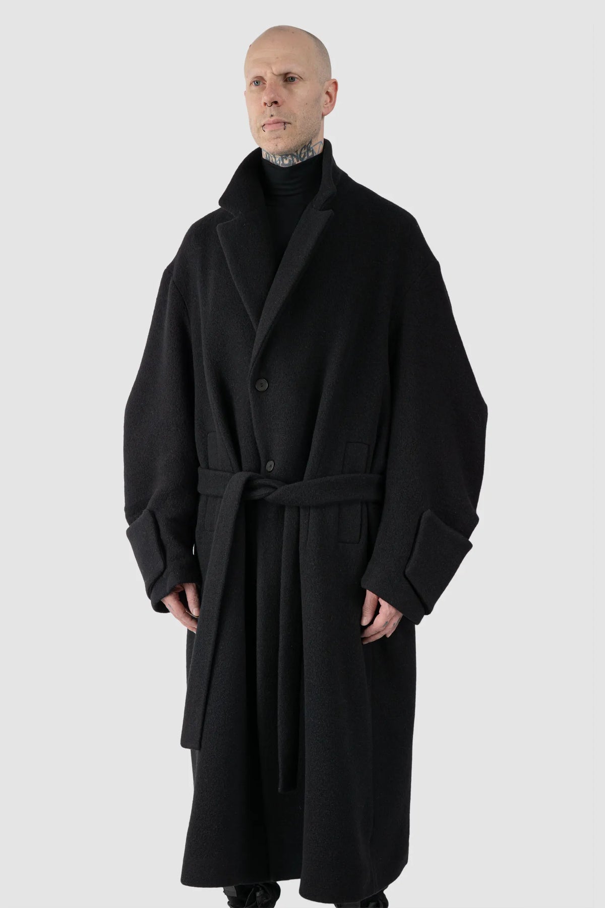 La Haine Inside Us - Men's Black Jumbo Soft Wool Blend Trench Coat - model front side view - MONO-KROM | Gallery La Haine Inside Us - Men's Black Jumbo Soft Wool Blend Trench Coat - model front side view - MONO-KROM | Gallery