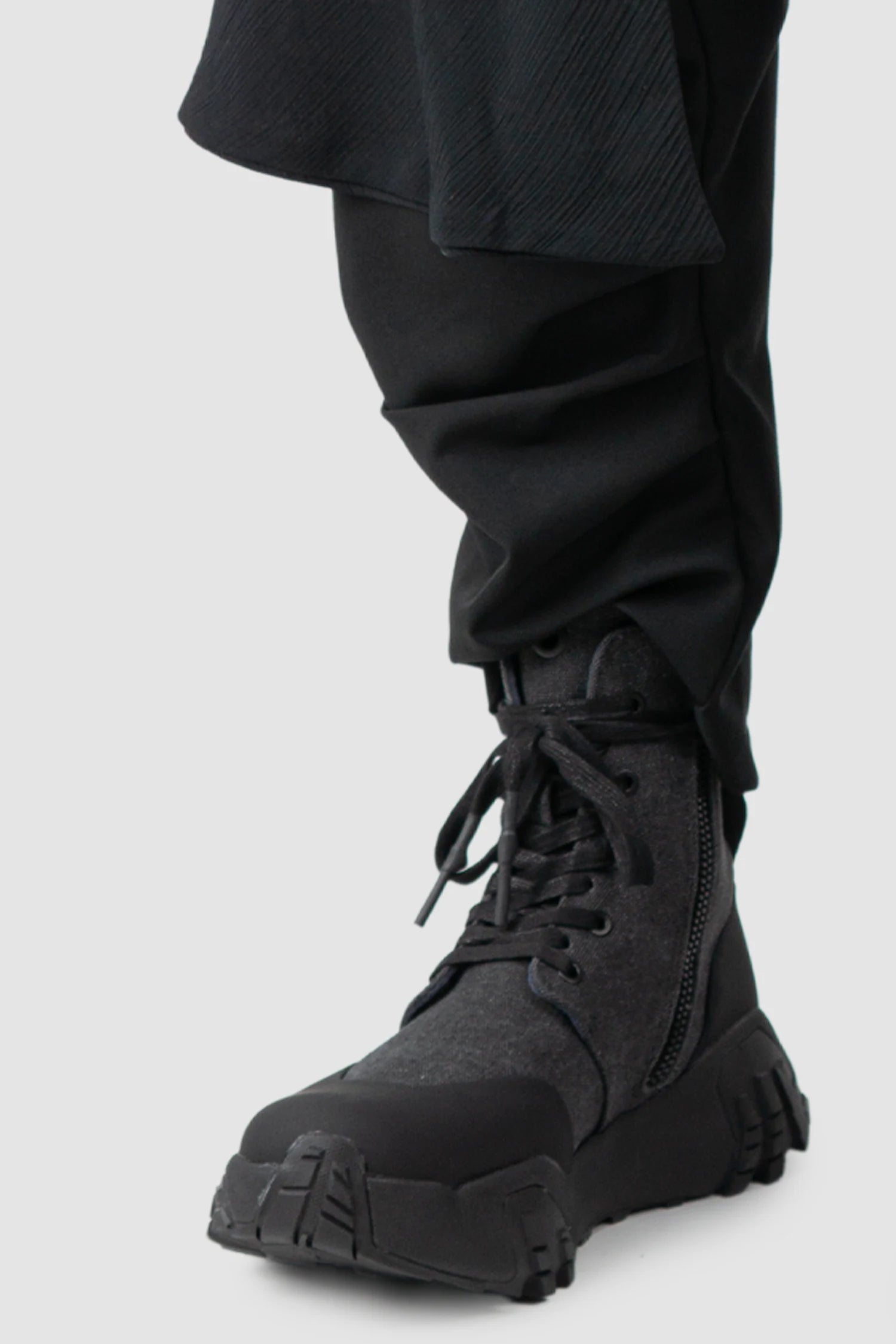 La Haine Inside Us - Men’s Black Low Crotch Trousers with Detachable Skirt hem detail view