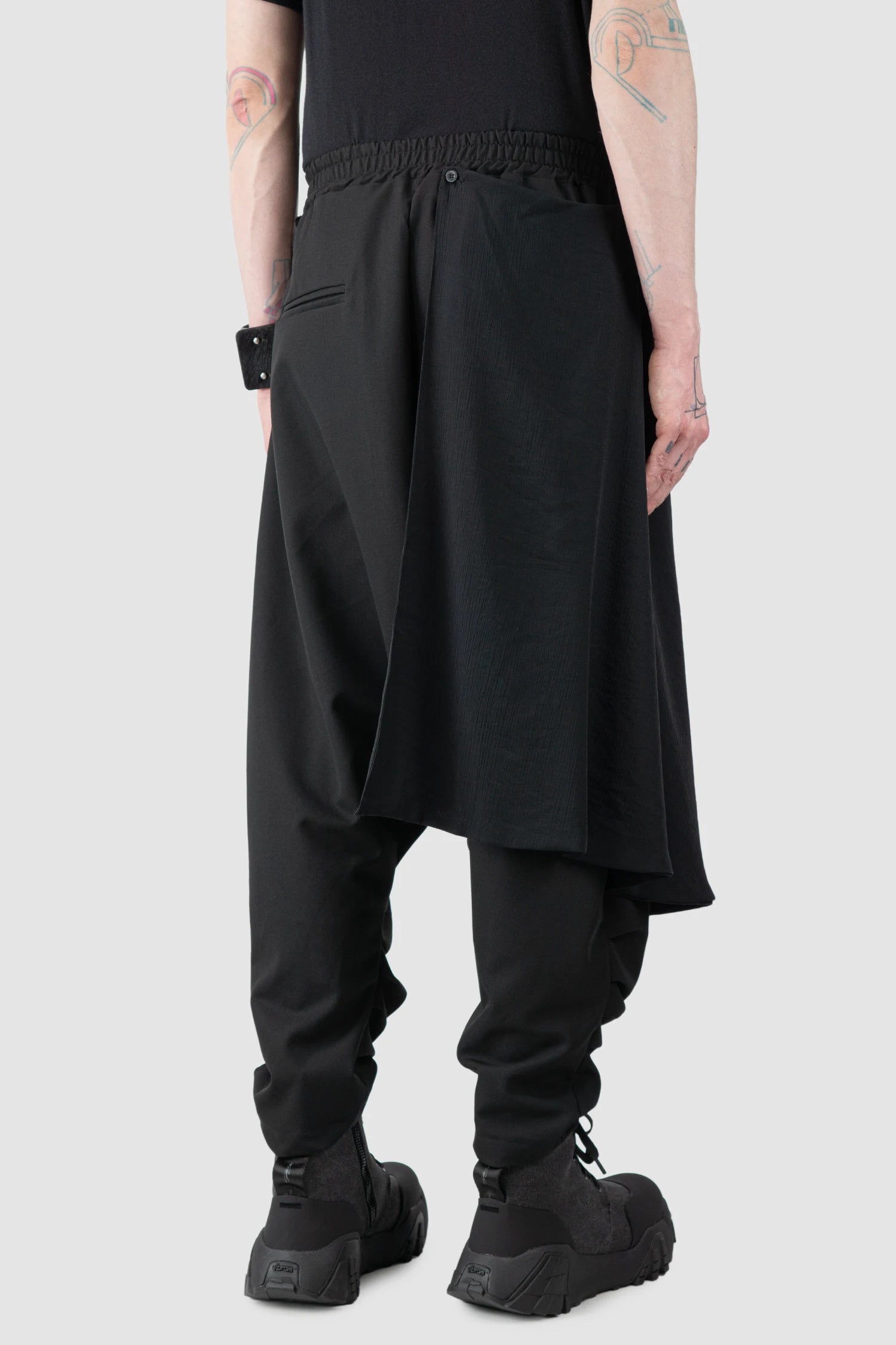 La Haine Inside Us - Men’s Black Low Crotch Trousers with Detachable Skirt model back side view